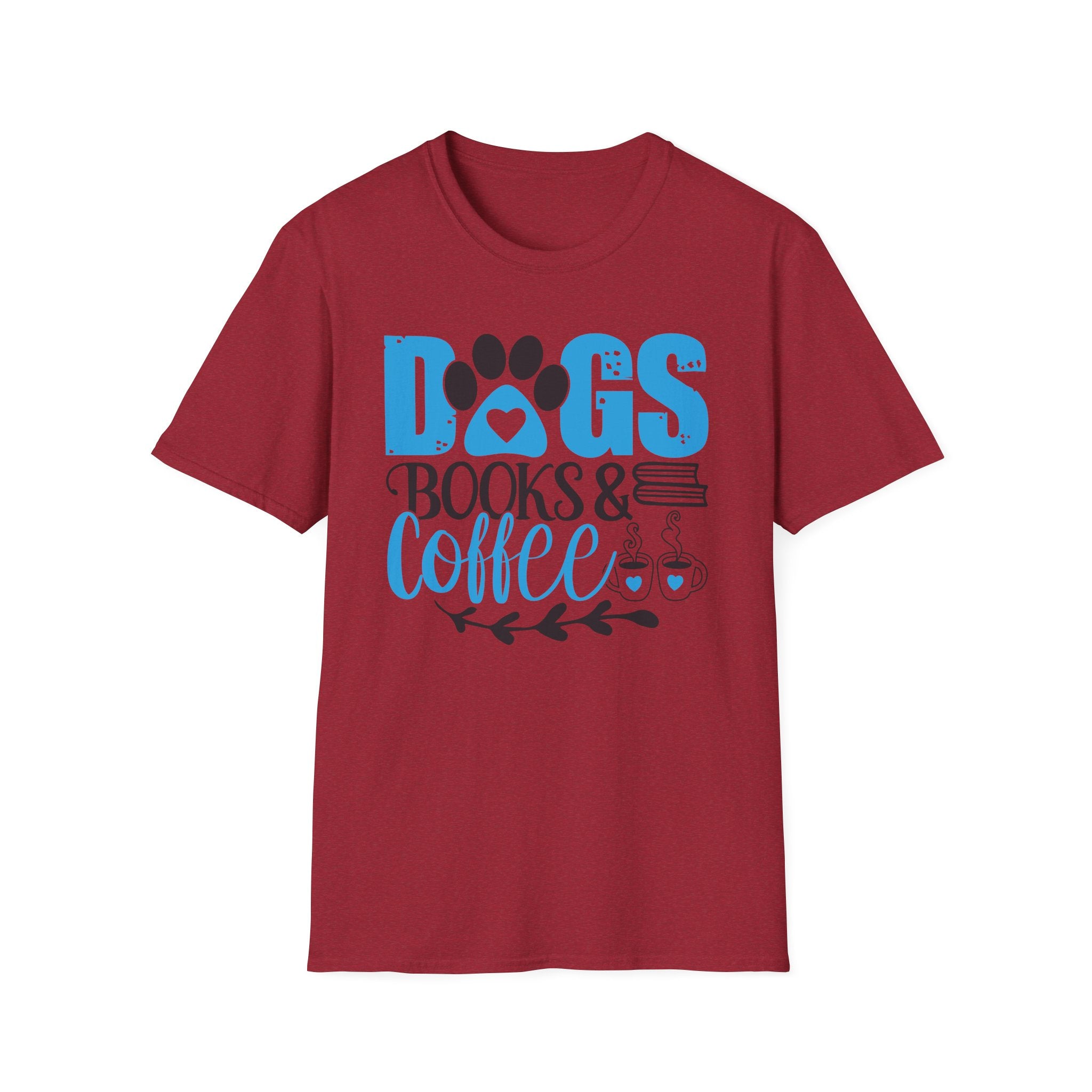 Dogs Books & Coffee T-Shirt (Blue) — Cute Paw, Book & Coffee Graphic Tee for Dog Lovers
