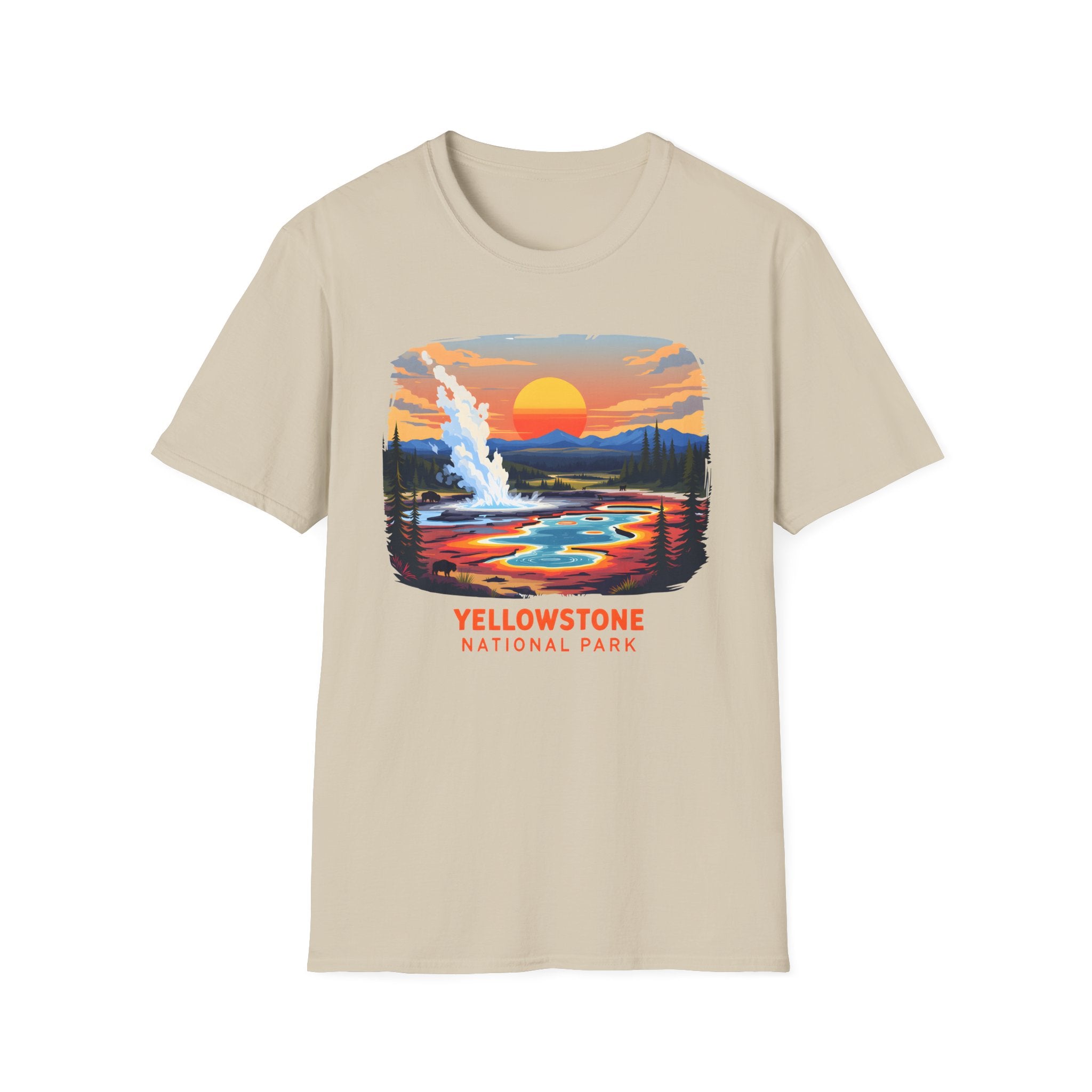 Yellowstone National Park Scenic T-Shirt — Geyser Sunset Graphic Tee
