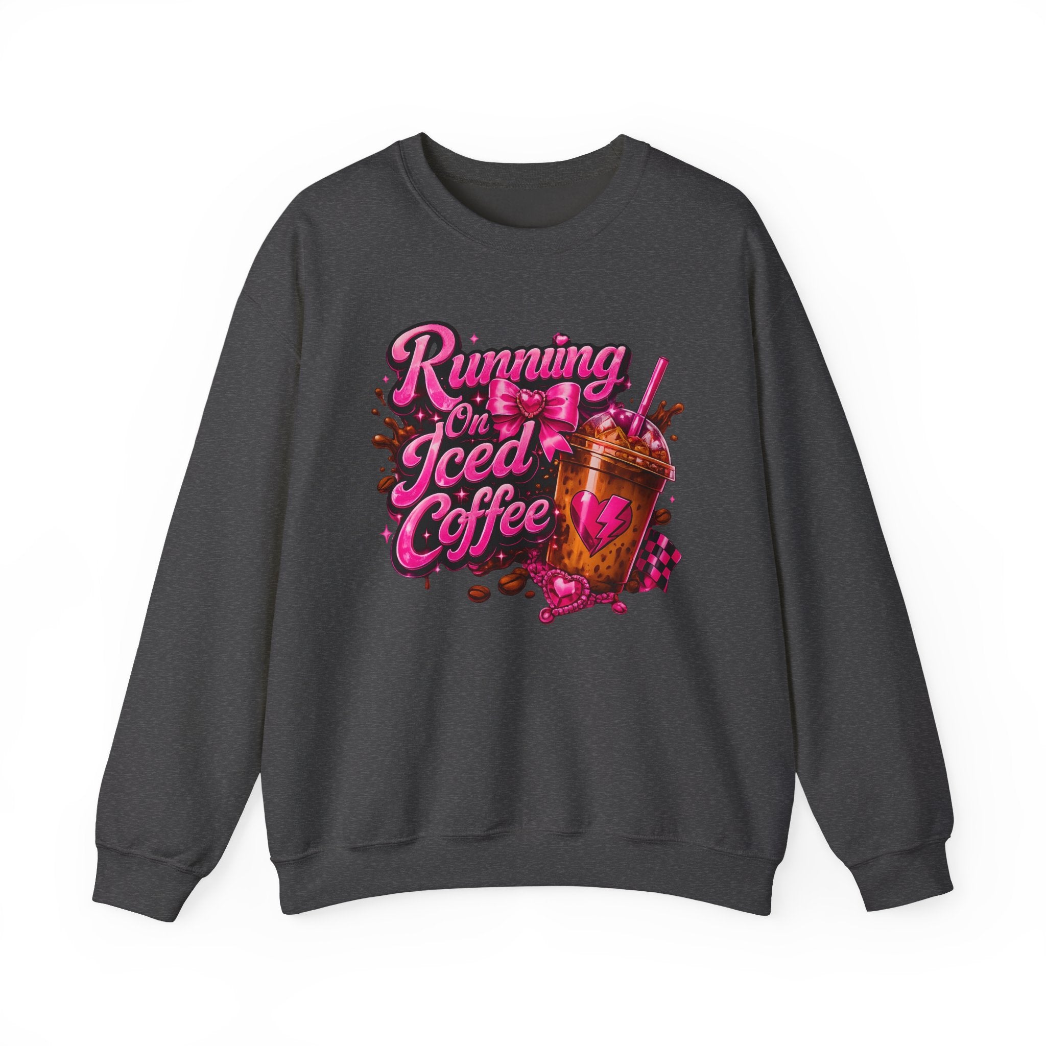 "Running On Iced Coffee" Graphic Cozy Coffee Lover — Pullover Crewneck Sweatshirt
