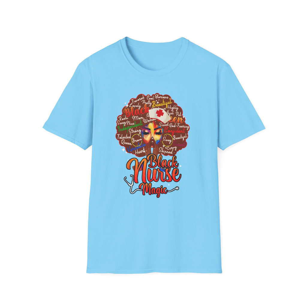 Black Nurse Magic T-Shirt — Nurse w/Brown Afro Illustration with Inspirational Words