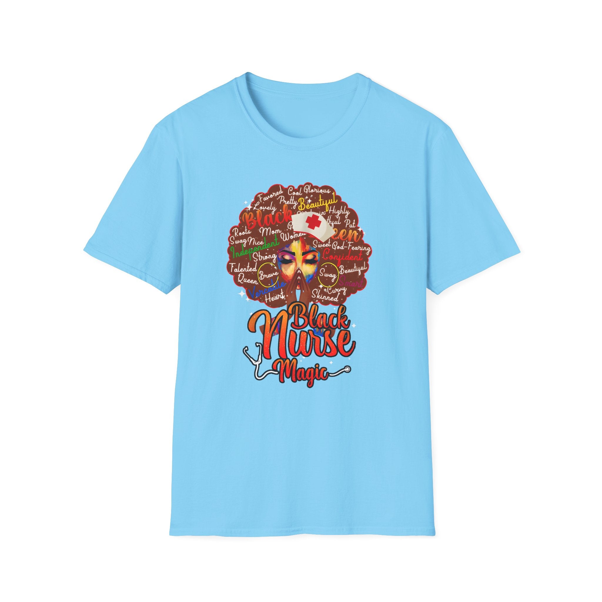 Black Nurse Magic T-Shirt — Nurse w/Brown Afro Illustration with Inspirational Words