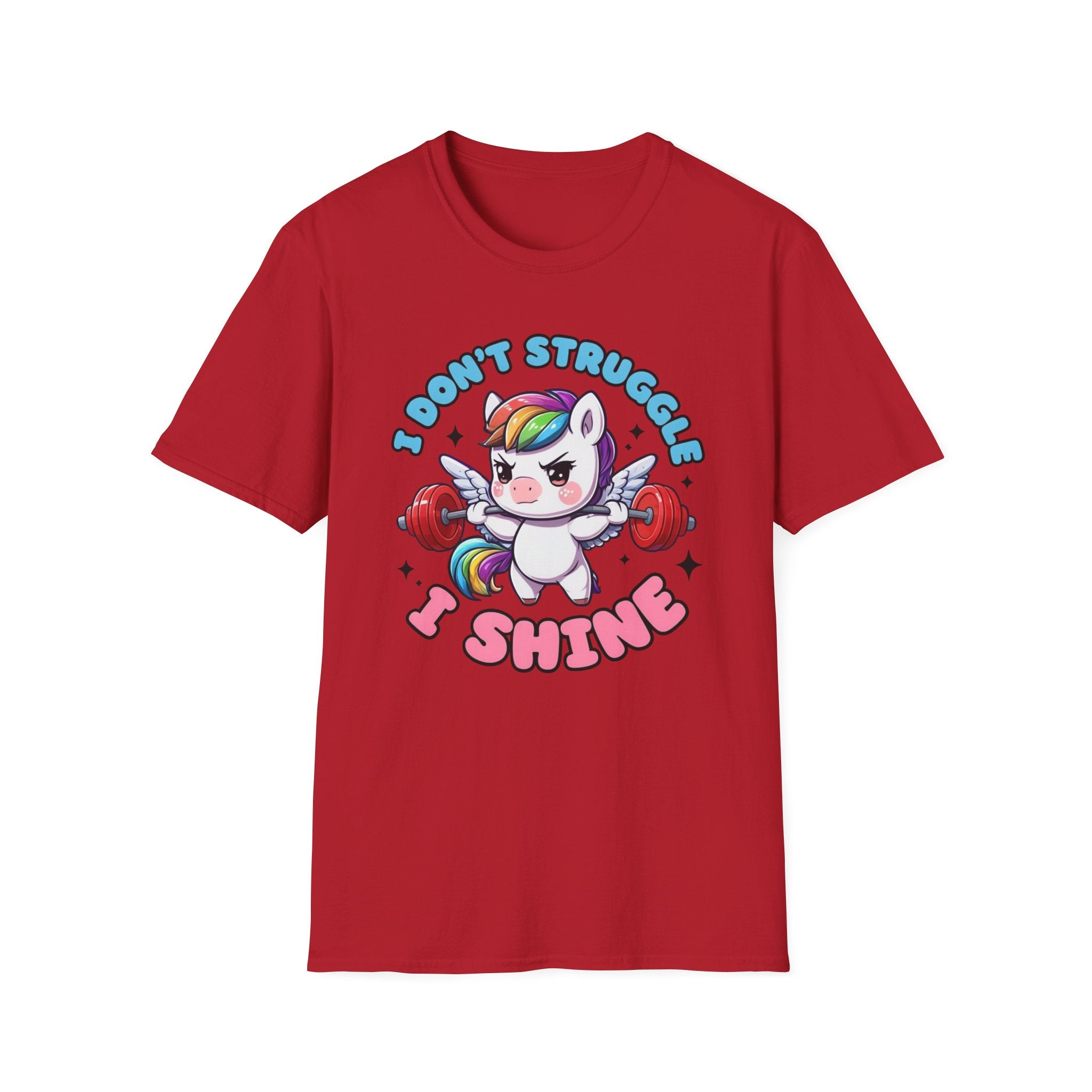 I Don’t Struggle I Shine Unicorn T-Shirt — Cute Rainbow Weightlifting Motivational Tee