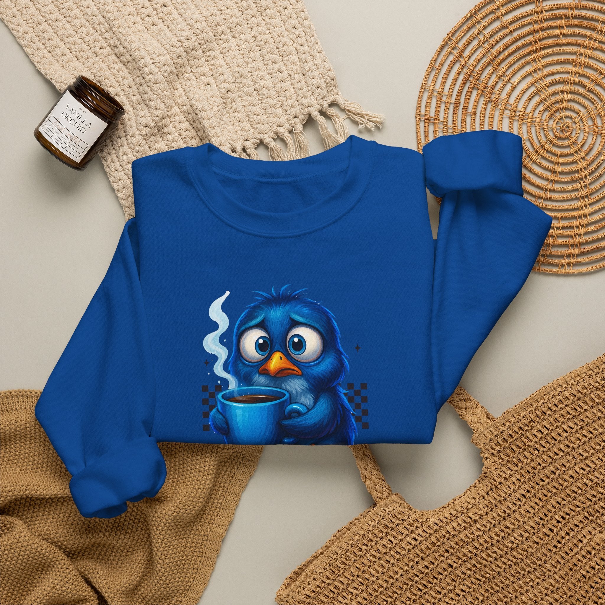 Coffee First Adult Sweatshirt — Cute Blue Bird Coffee Crewneck