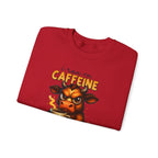 Caffeine-Fueled Cow Sweatshirt — "I Run on Caffeine and Questionable Decisions" Cozy Crewneck