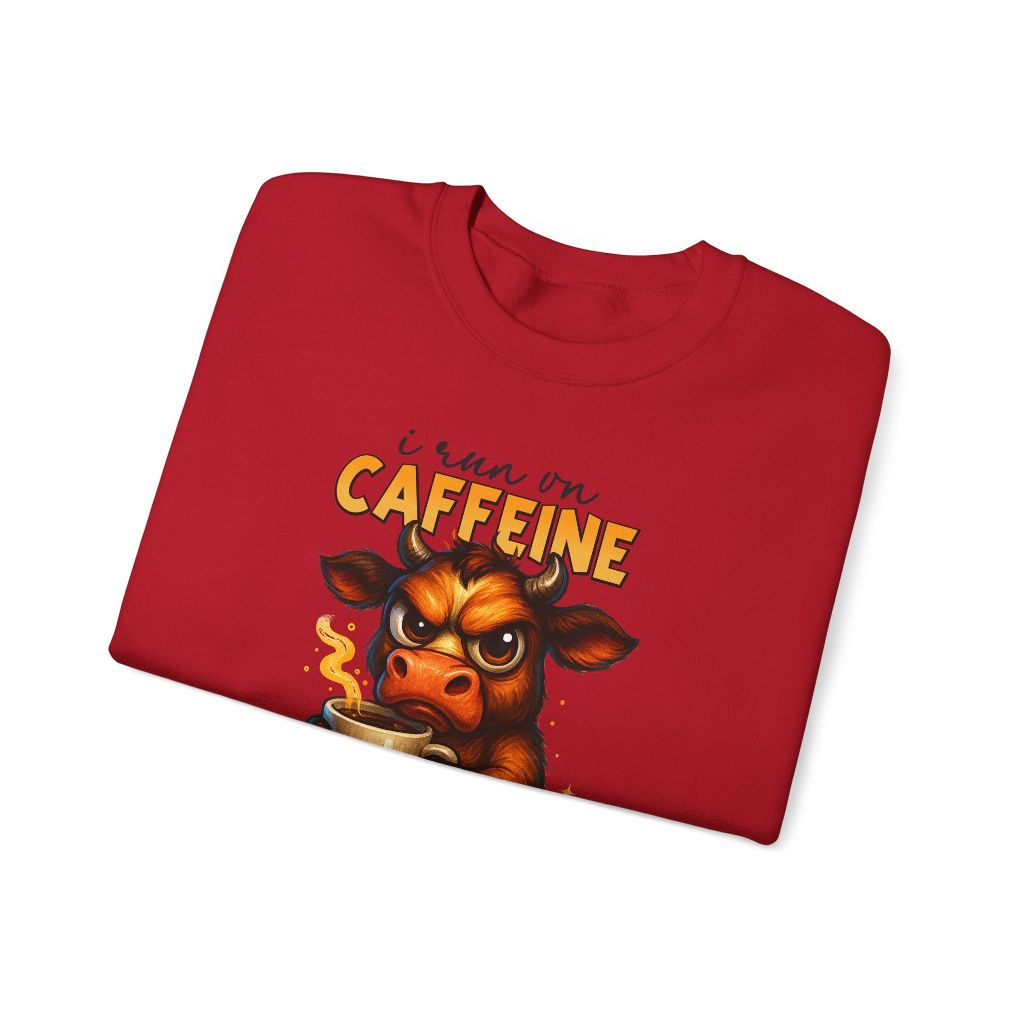 Caffeine-Fueled Cow Sweatshirt — "I Run on Caffeine and Questionable Decisions" Cozy Crewneck