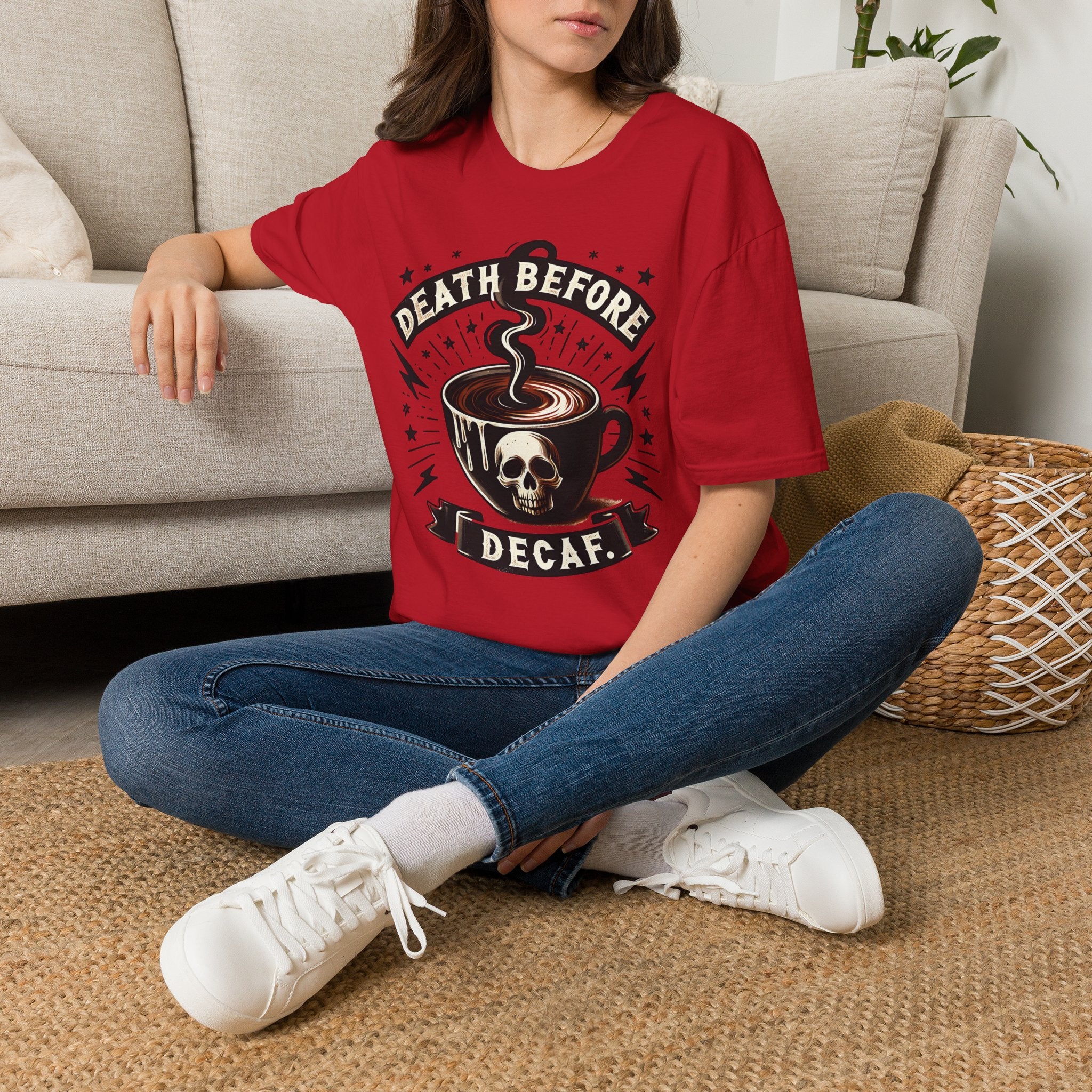 Death Before Decaf Coffee T-Shirt — Bold Skull Coffee Lover Tee