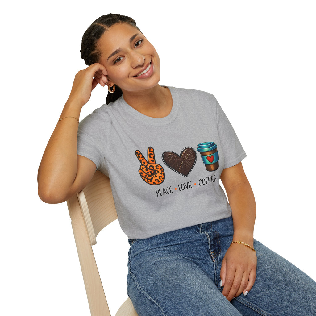 Peace Love Coffee T-Shirt — Retro Leopard Peace Sign & Heart Coffee Cup Tee