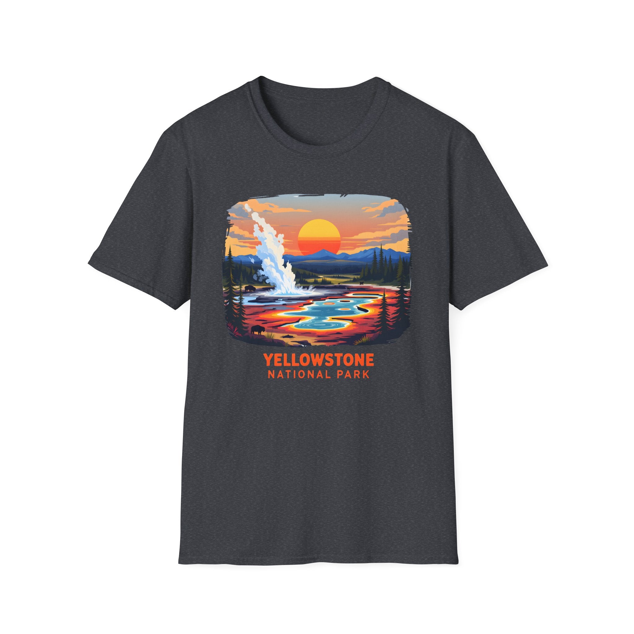 Yellowstone National Park Scenic T-Shirt — Geyser Sunset Graphic Tee