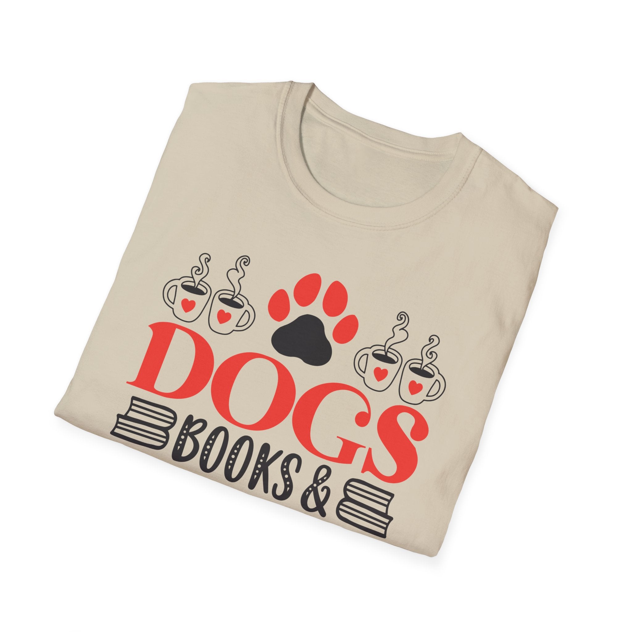 Dogs Books & Coffee T-Shirt (Red) — Dog Lover Reading & Coffee Tee