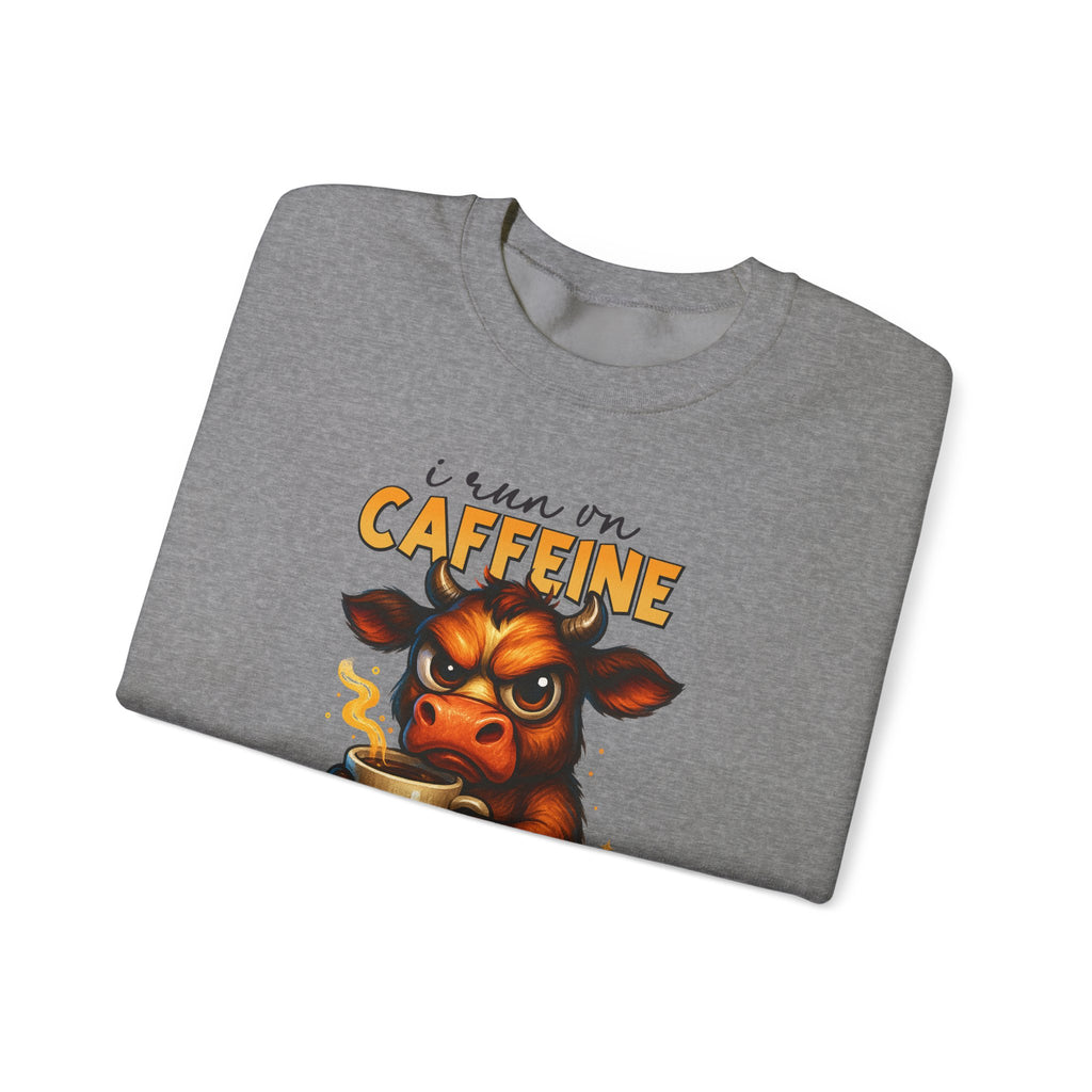 Caffeine-Fueled Cow Sweatshirt — "I Run on Caffeine and Questionable Decisions" Cozy Crewneck