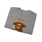 Caffeine-Fueled Cow Sweatshirt — "I Run on Caffeine and Questionable Decisions" Cozy Crewneck