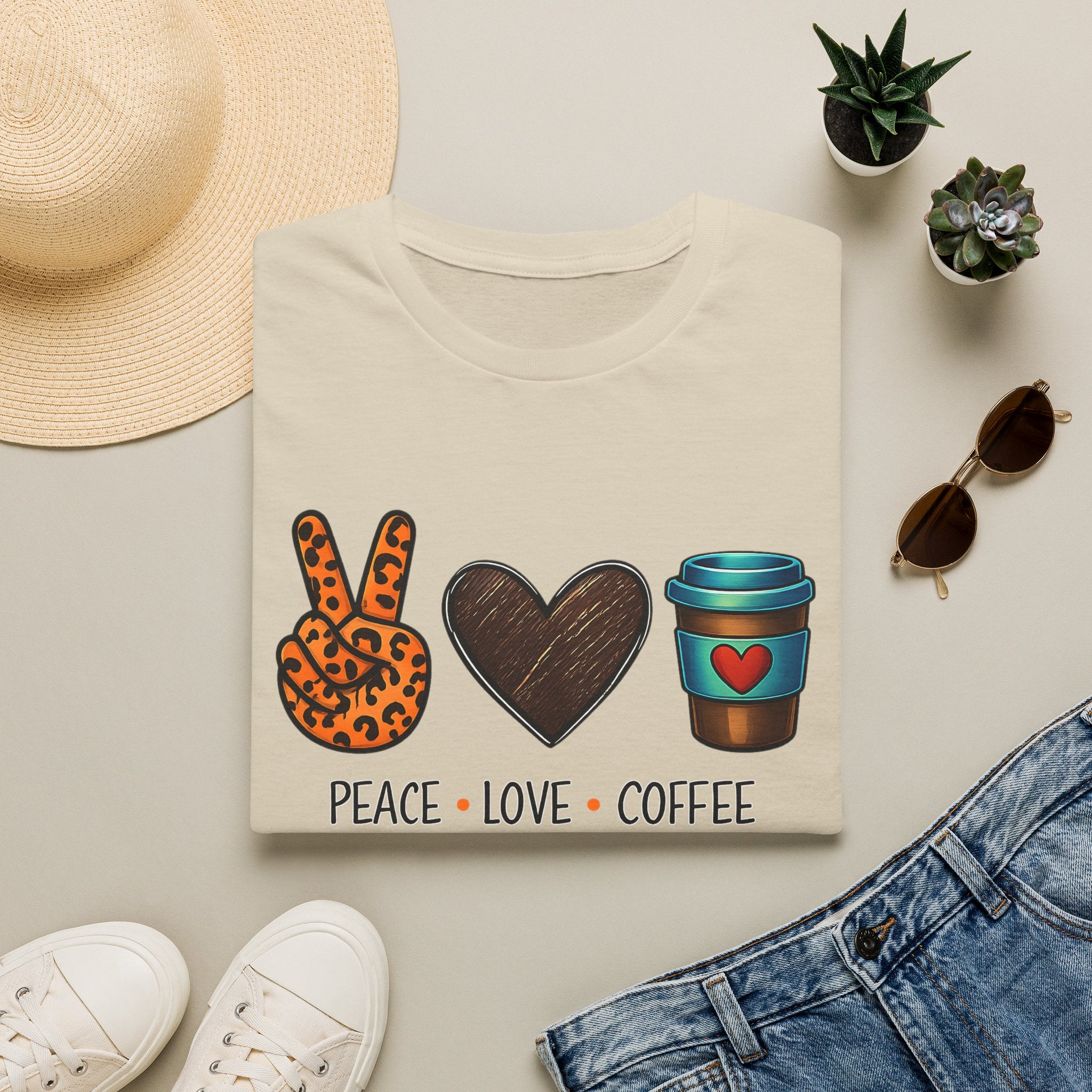 Peace Love Coffee T-Shirt — Retro Leopard Peace Sign & Heart Coffee Cup Tee
