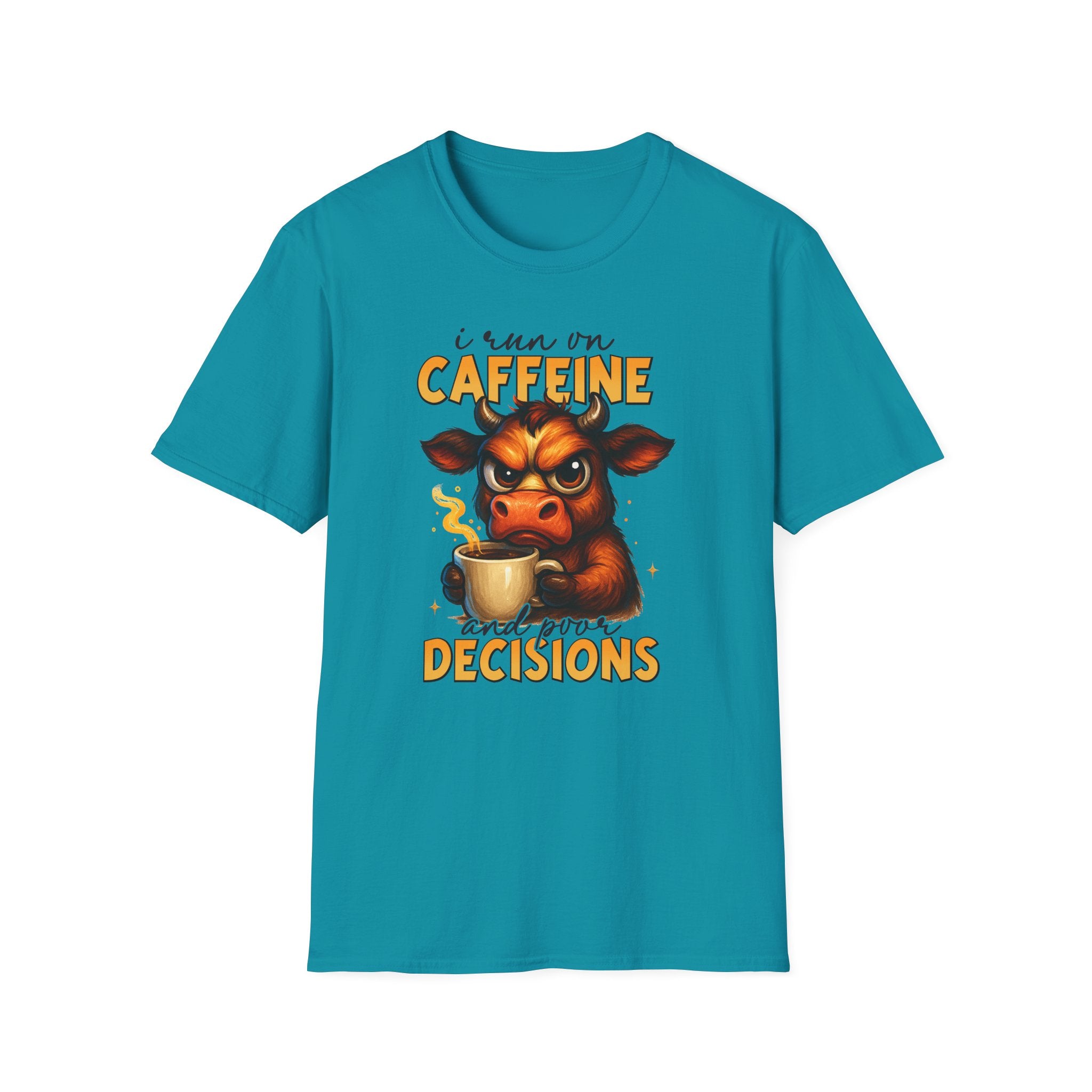 "I Run on Caffeine & Bad Decisions" Coffee Lover Tee — Caffeine Cow T-Shirt