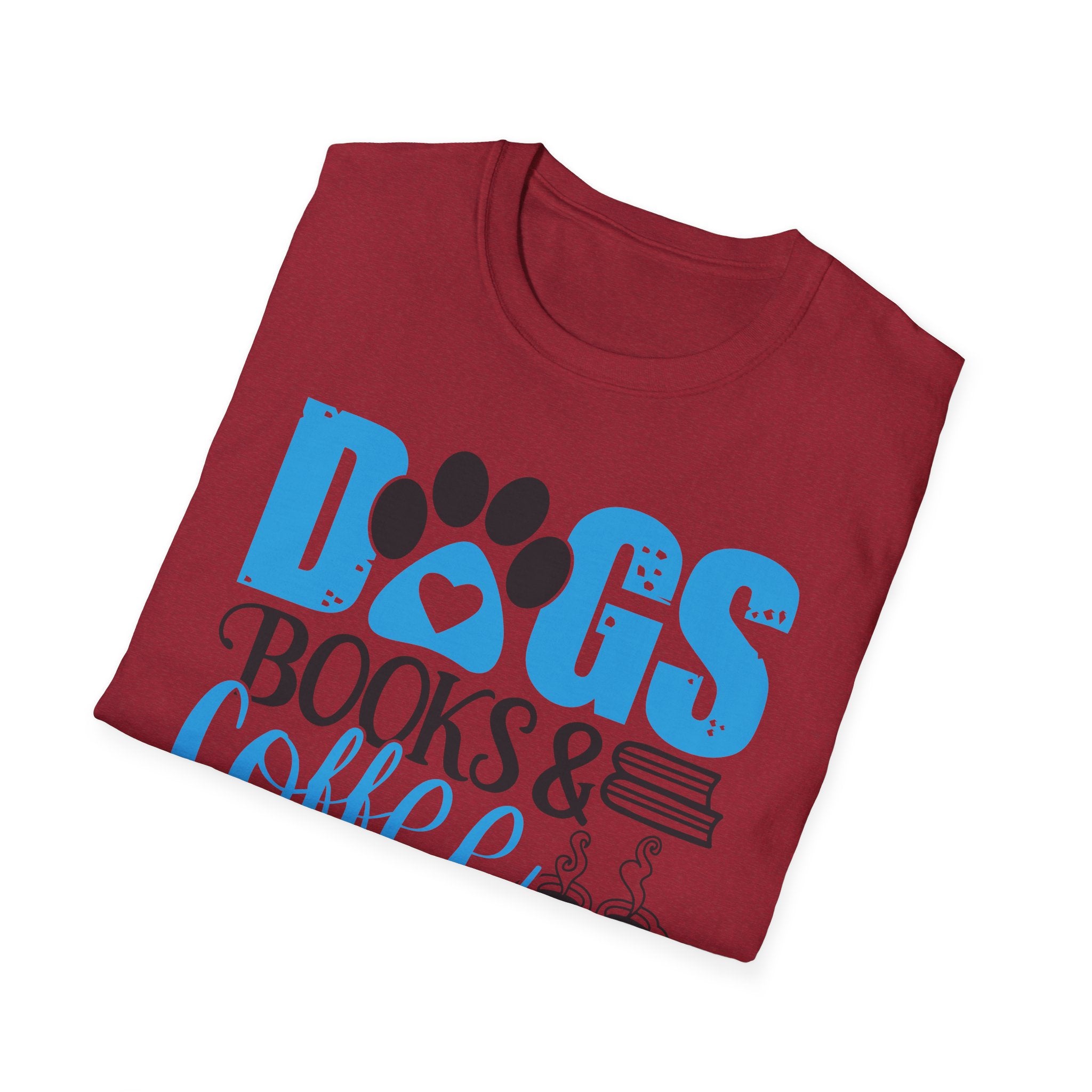 Dogs Books & Coffee T-Shirt (Blue) — Cute Paw, Book & Coffee Graphic Tee for Dog Lovers
