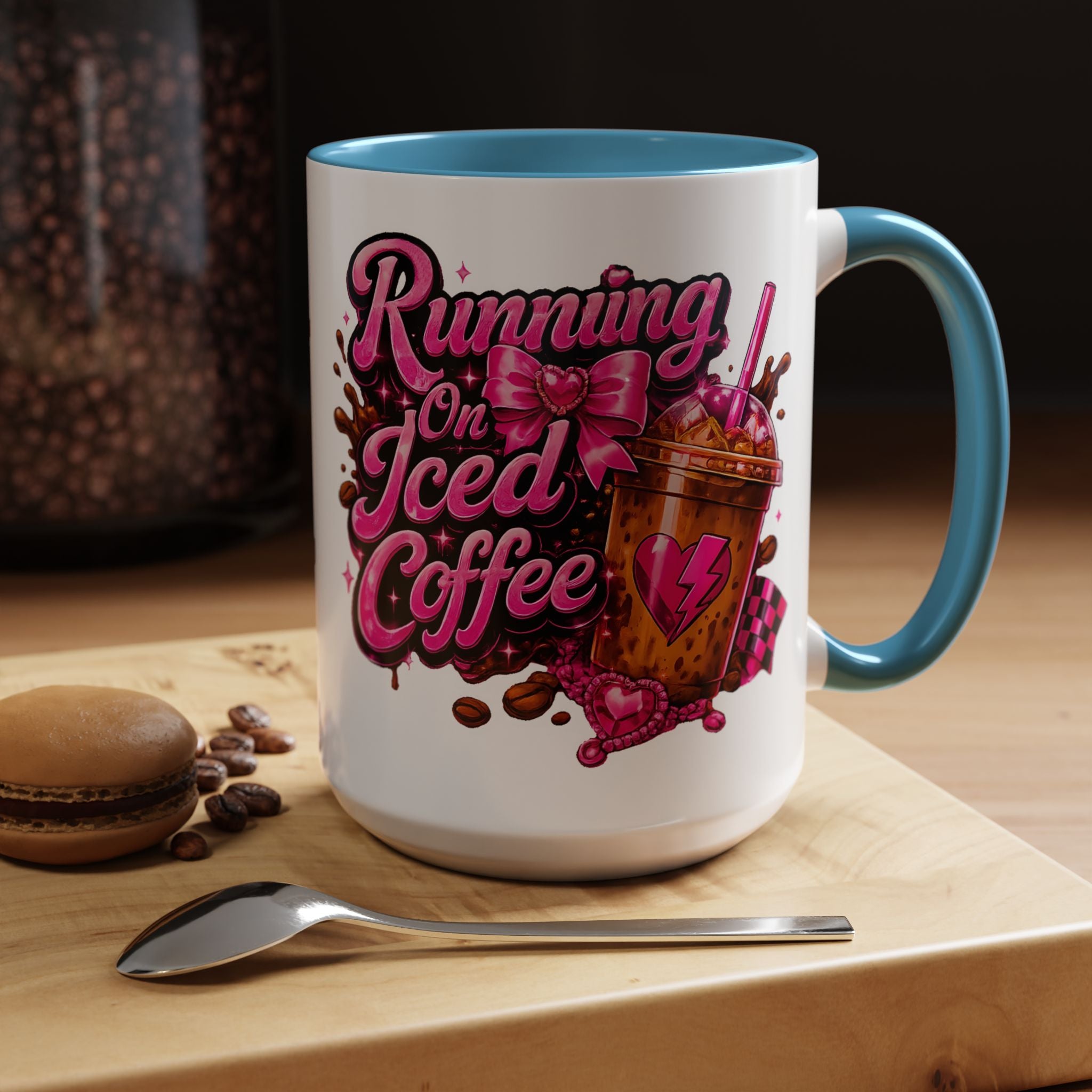 "Running on Iced Coffee" Pink Graphic Accent Mug (11/15oz) — Coffee Mug