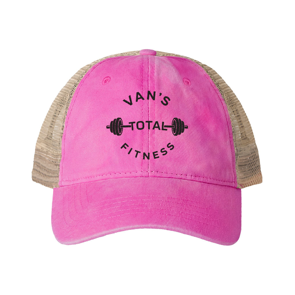 Embroidered "Van's Total Fitness" Barbell Washed Mesh-Ponytail Back Cap