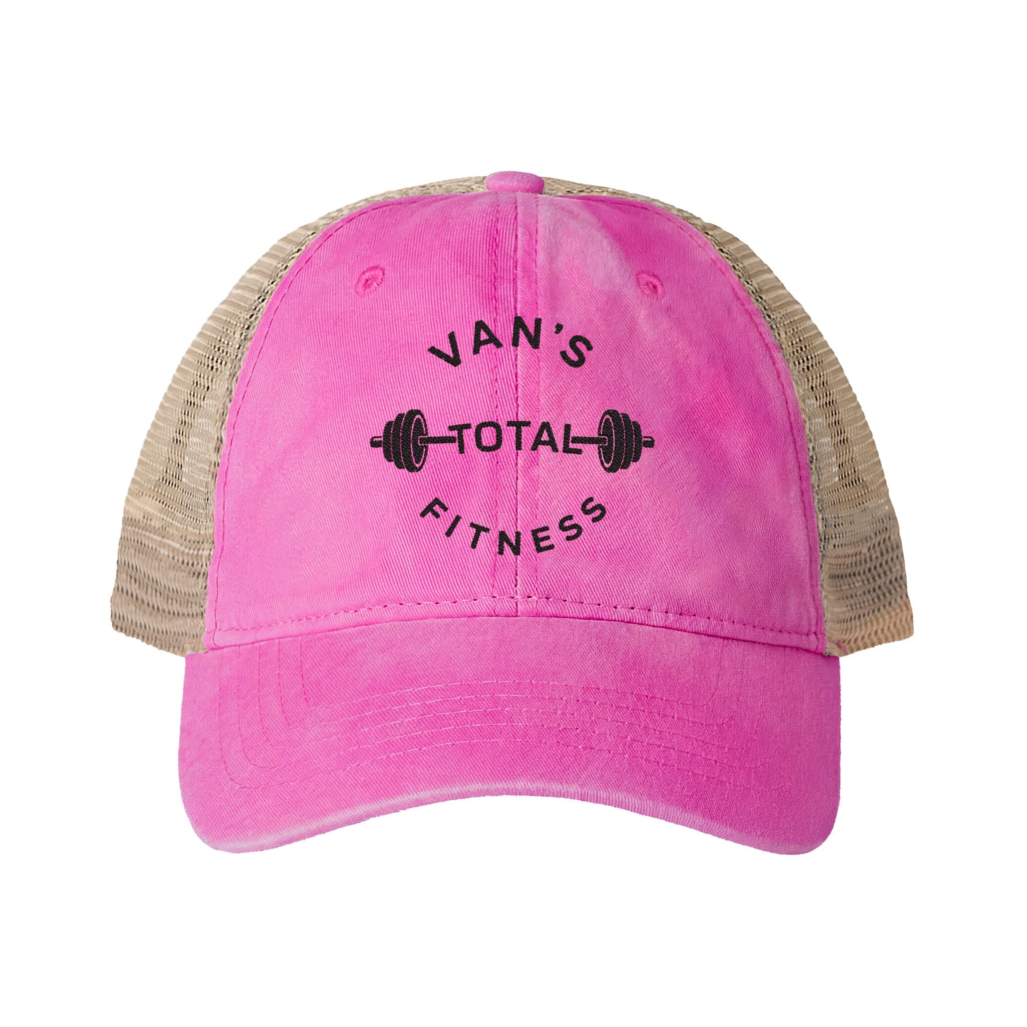 Embroidered "Van's Total Fitness" Barbell Washed Mesh-Ponytail Back Cap