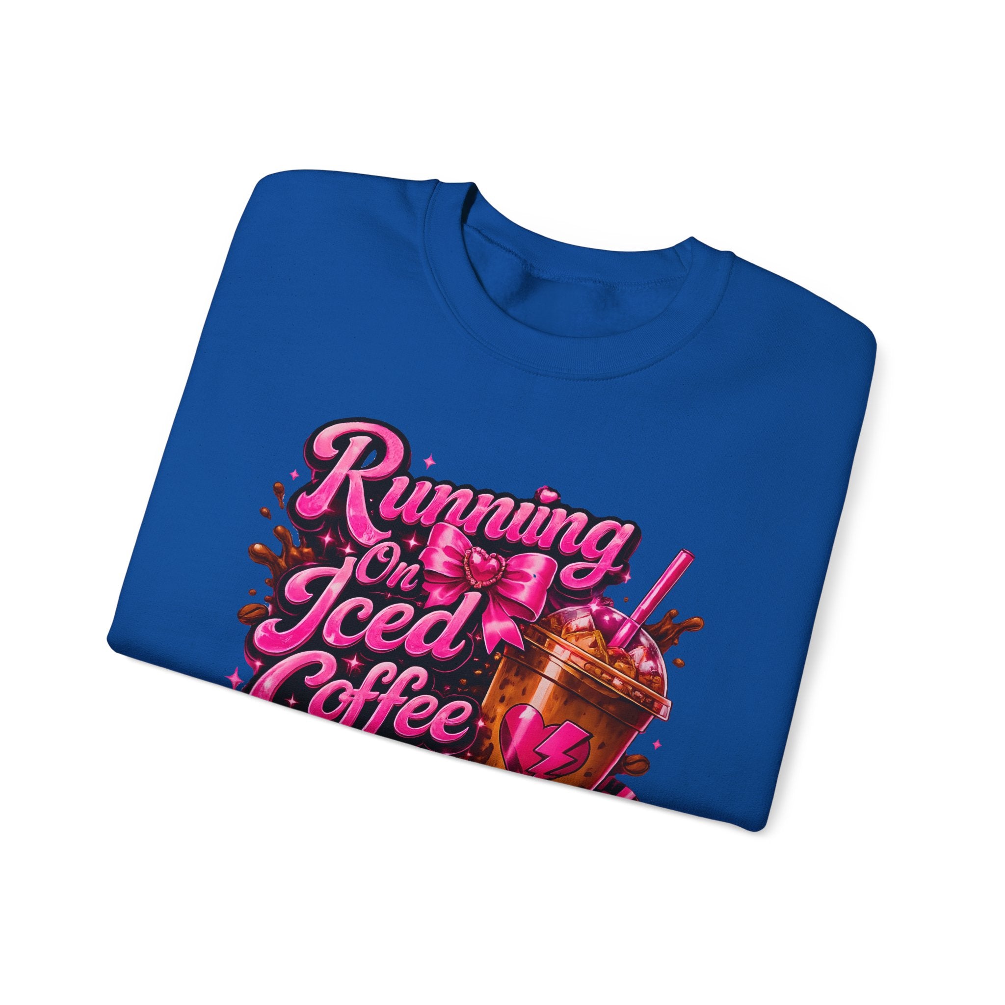 "Running On Iced Coffee" Graphic Cozy Coffee Lover — Pullover Crewneck Sweatshirt