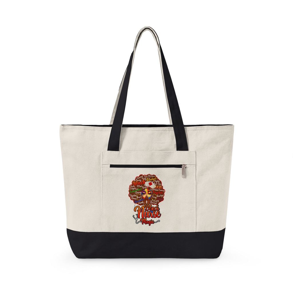 Black Nurse Magic w/Brown Afro Canvas Tote — Zippered Floral Calavera Bag
