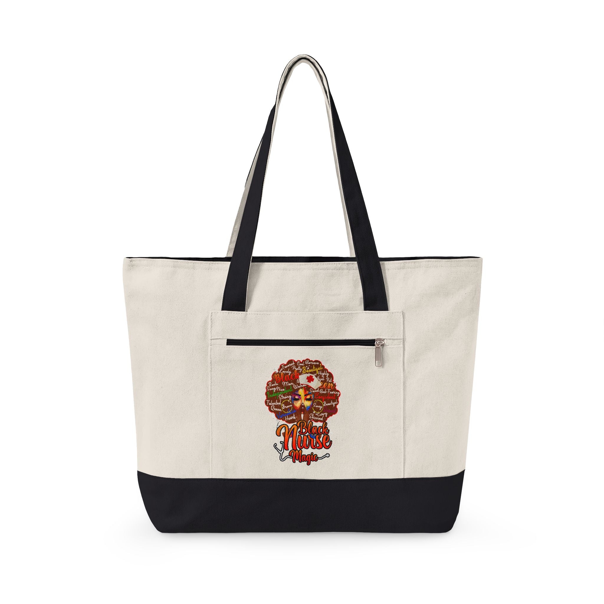 Black Nurse Magic w/Brown Afro Canvas Tote — Zippered Floral Calavera Bag