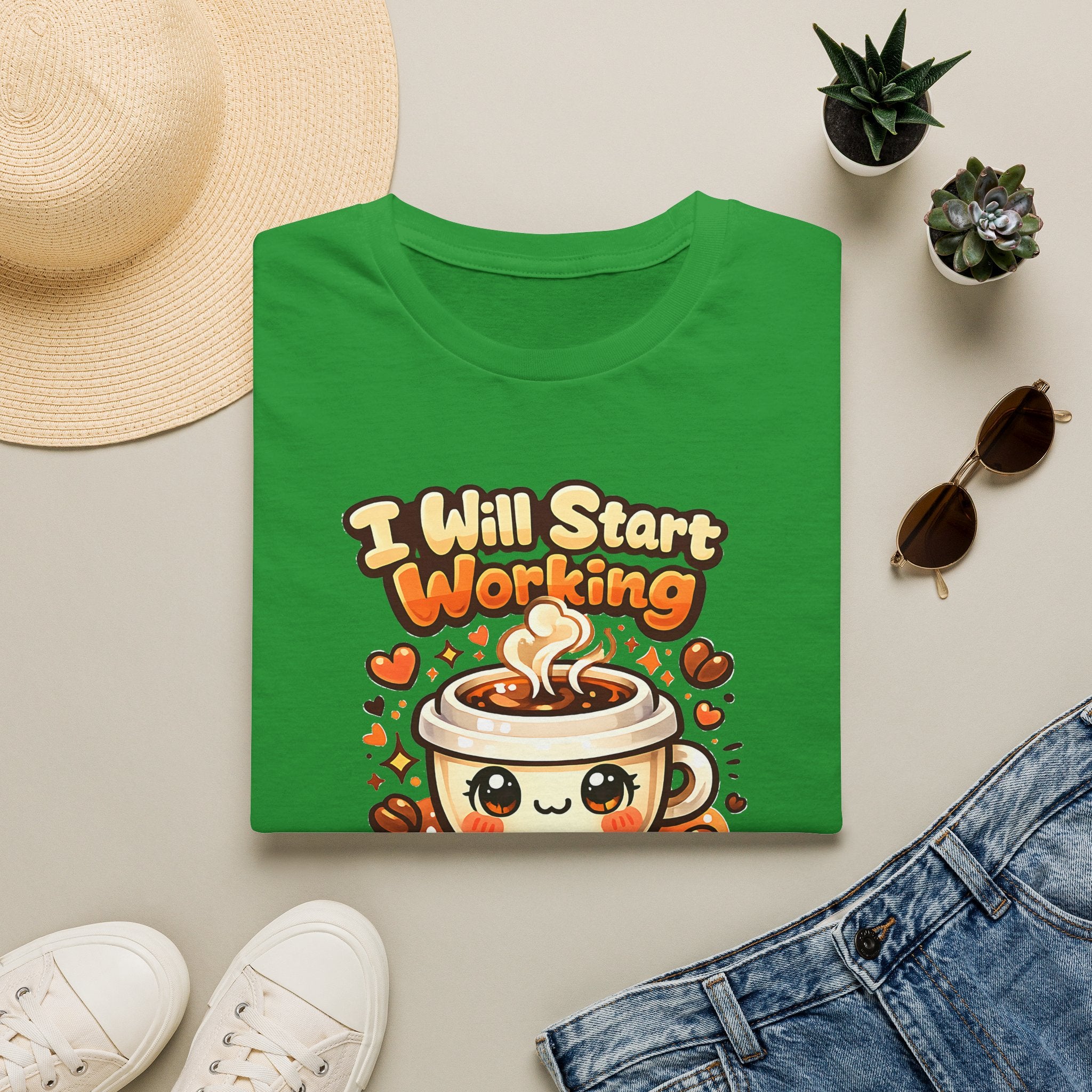 “I Will Start Working When My Coffee Does” Cute Kawaii Coffee Shirt — Coffee T‑Shirt