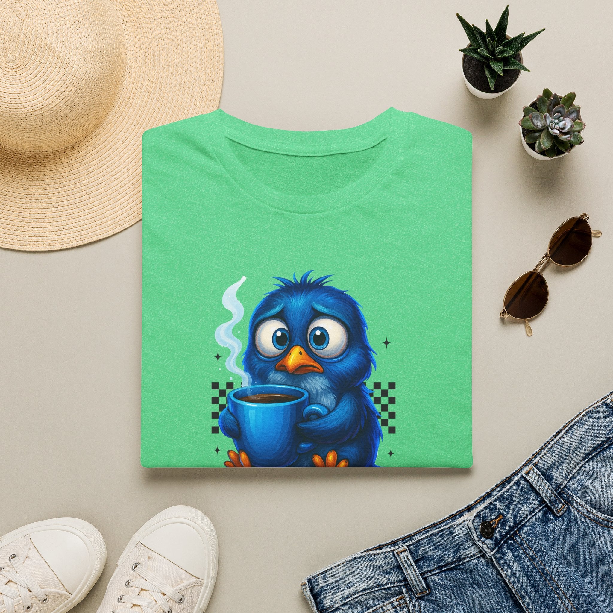 Cute Blue Bird 'Coffee First Adult' Graphic Tee — T-Shirt