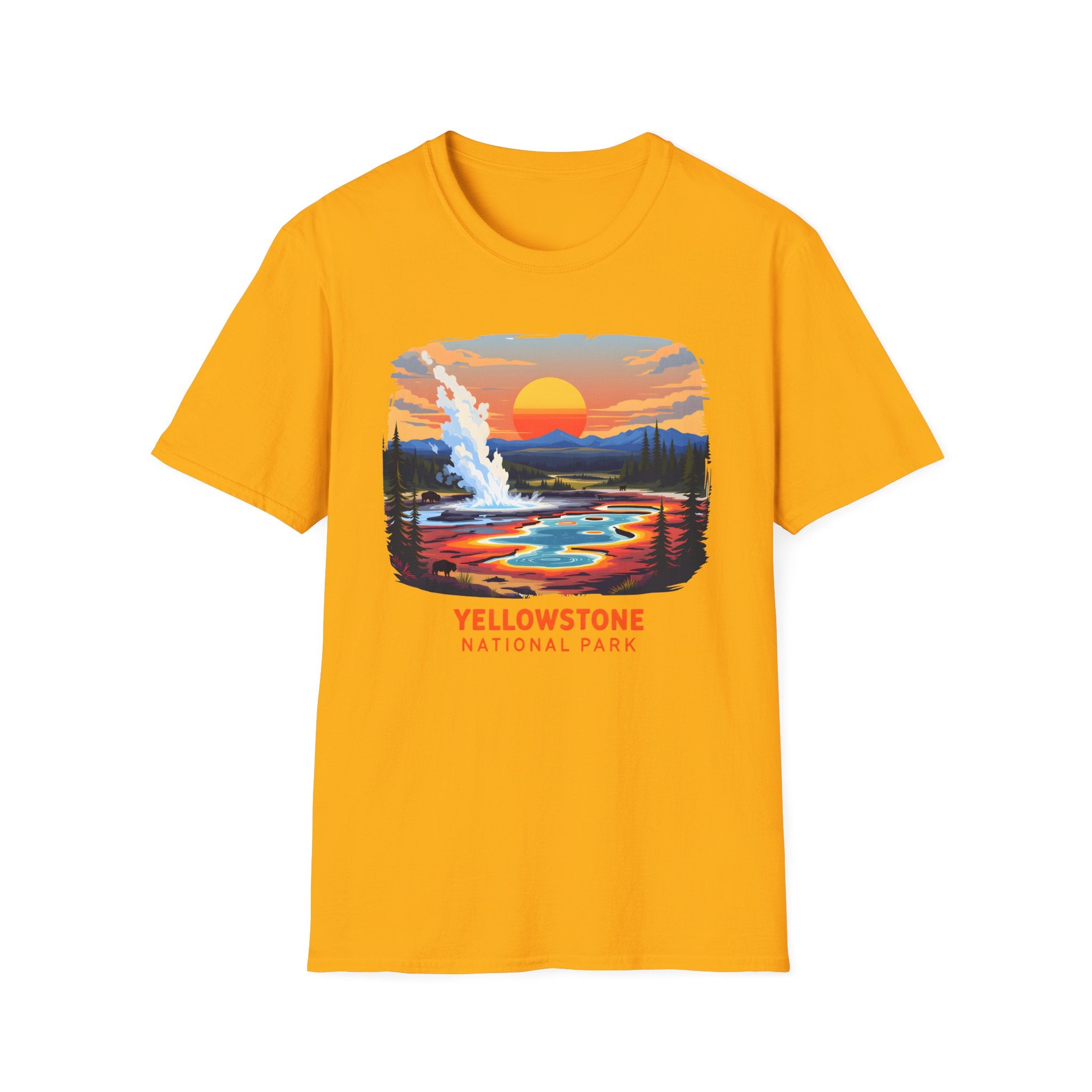 Yellowstone National Park Scenic T-Shirt — Geyser Sunset Graphic Tee