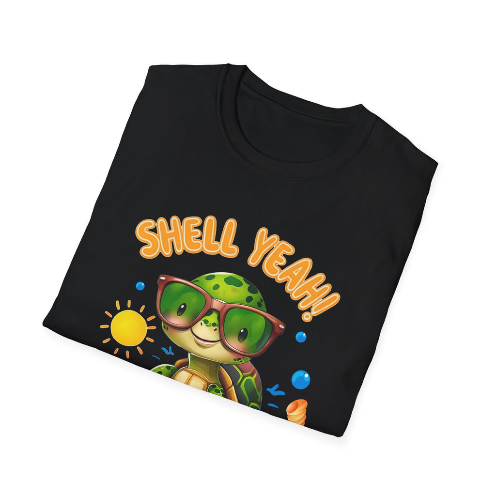 Shell Yeah Turtle T-Shirt — Cute Summer Beach Tee with Sunglasses & Surfboard
