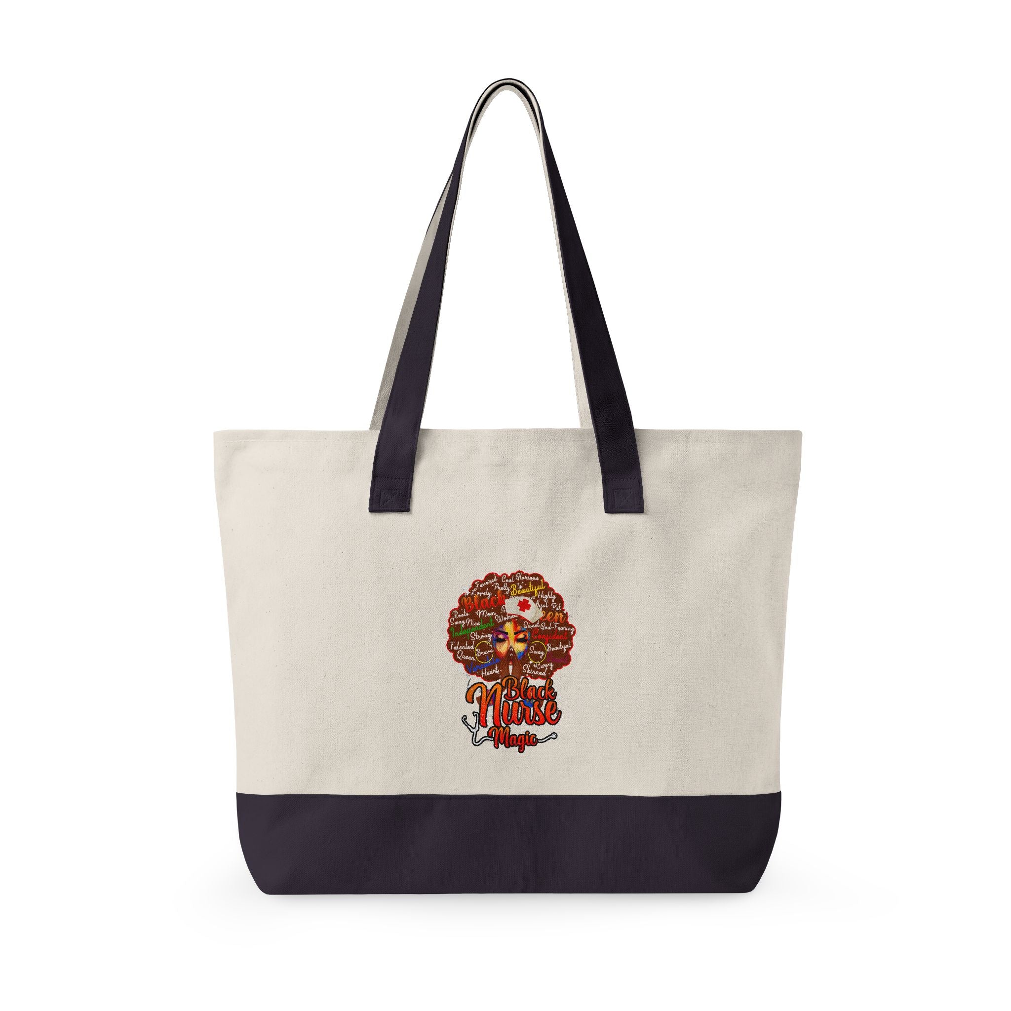 Black Nurse Magic w/Brown Afro Canvas Tote — Zippered Floral Calavera Bag