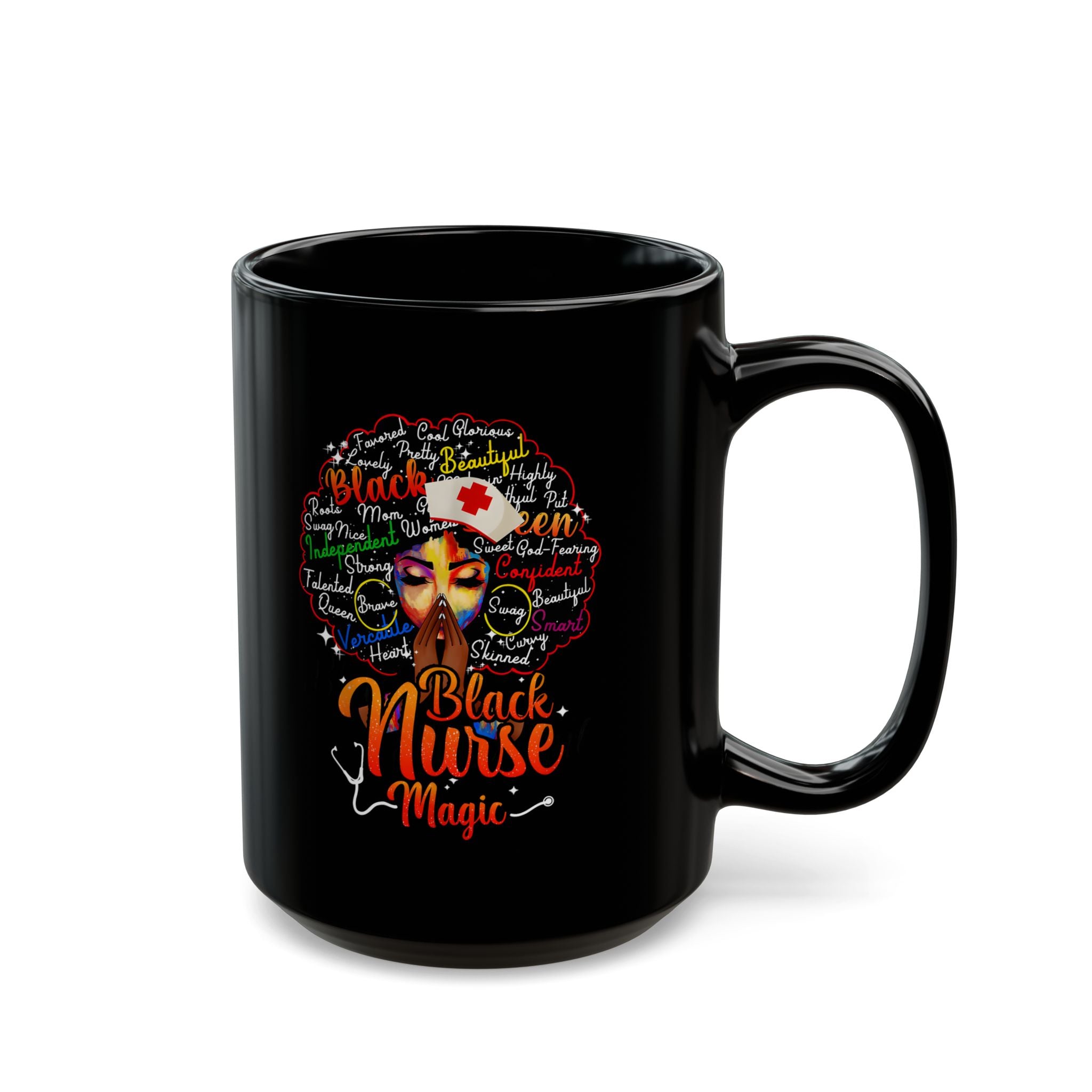 Black Nurse Magic Mug w/Black Afro — 11oz/15oz Black Ceramic Coffee Cup