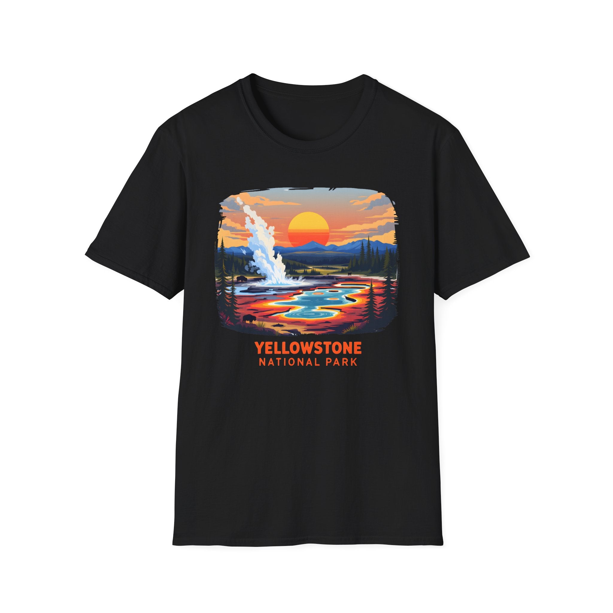 Yellowstone National Park Scenic T-Shirt — Geyser Sunset Graphic Tee