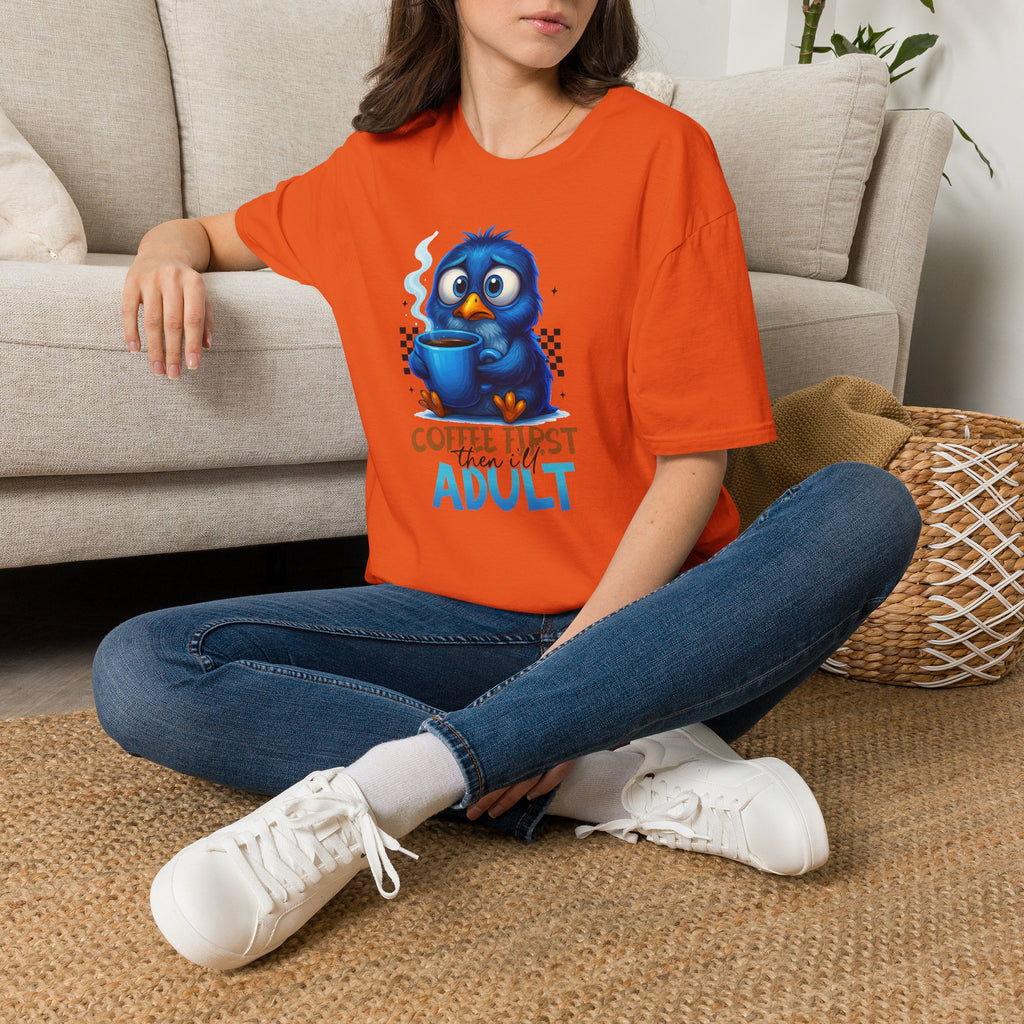 Cute Blue Bird 'Coffee First Adult' Graphic Tee — T-Shirt