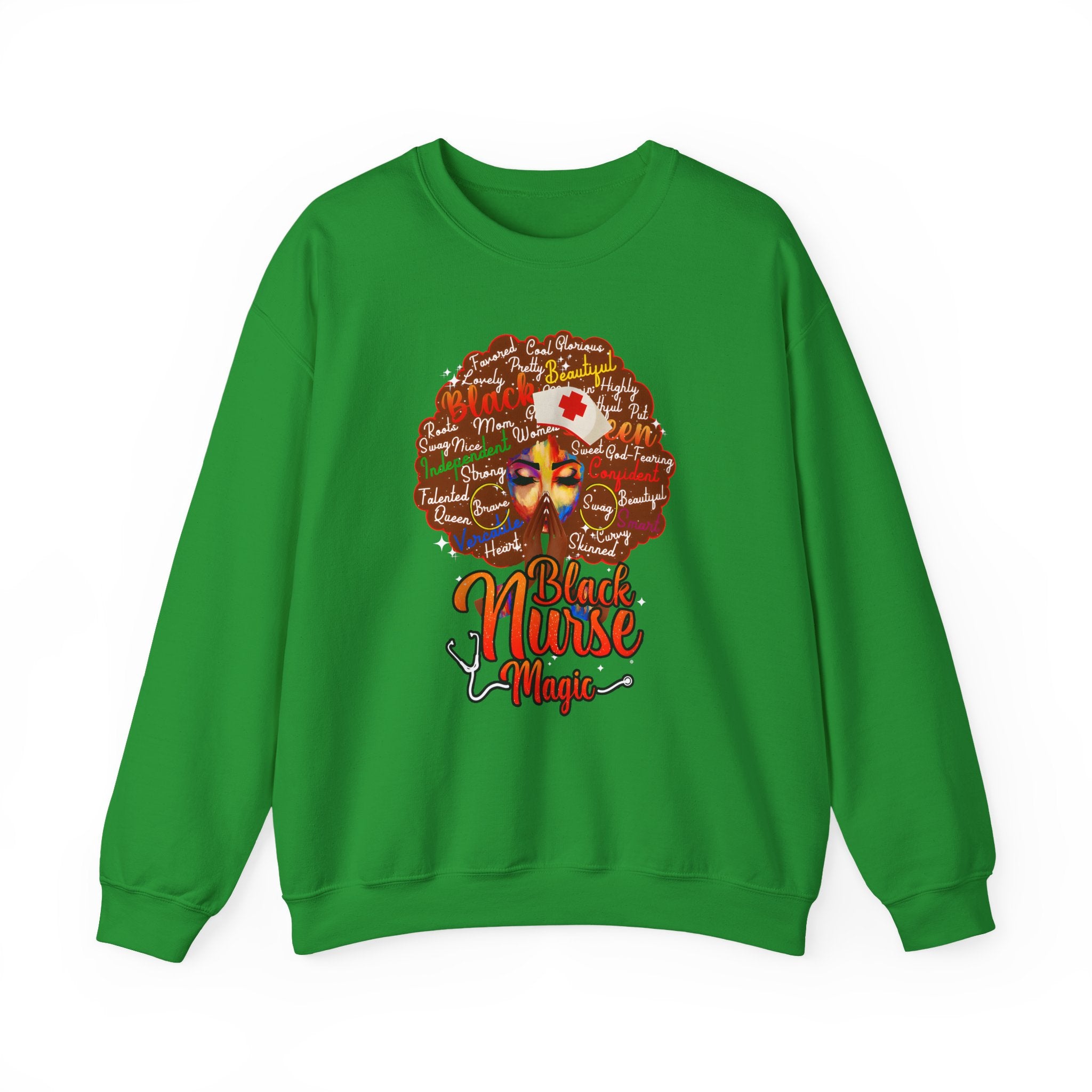 Black Nurse Magic Crewneck Sweatshirt — Brown Afro Nurse Heartbeat Design