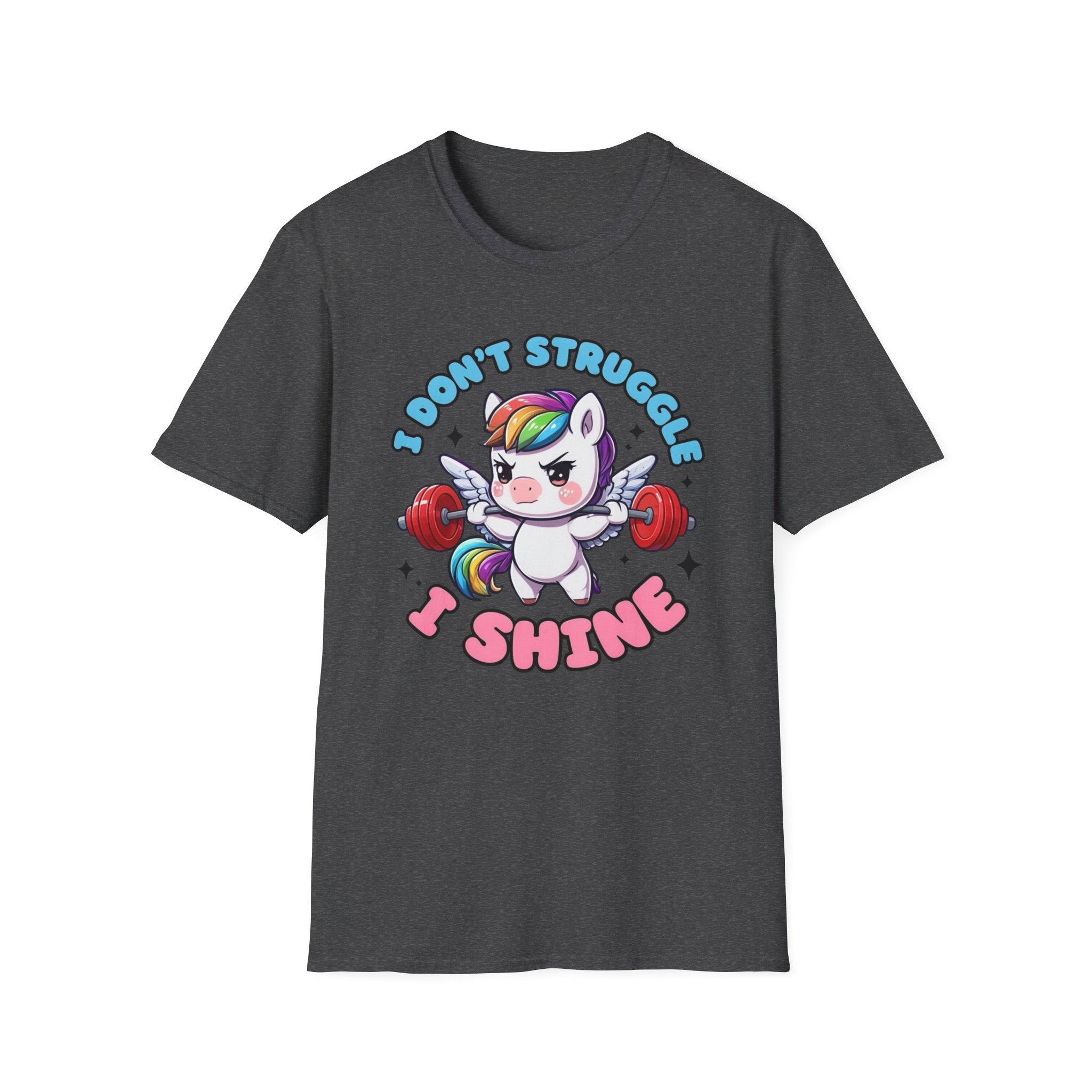 I Don’t Struggle I Shine Unicorn T-Shirt — Cute Rainbow Weightlifting Motivational Tee