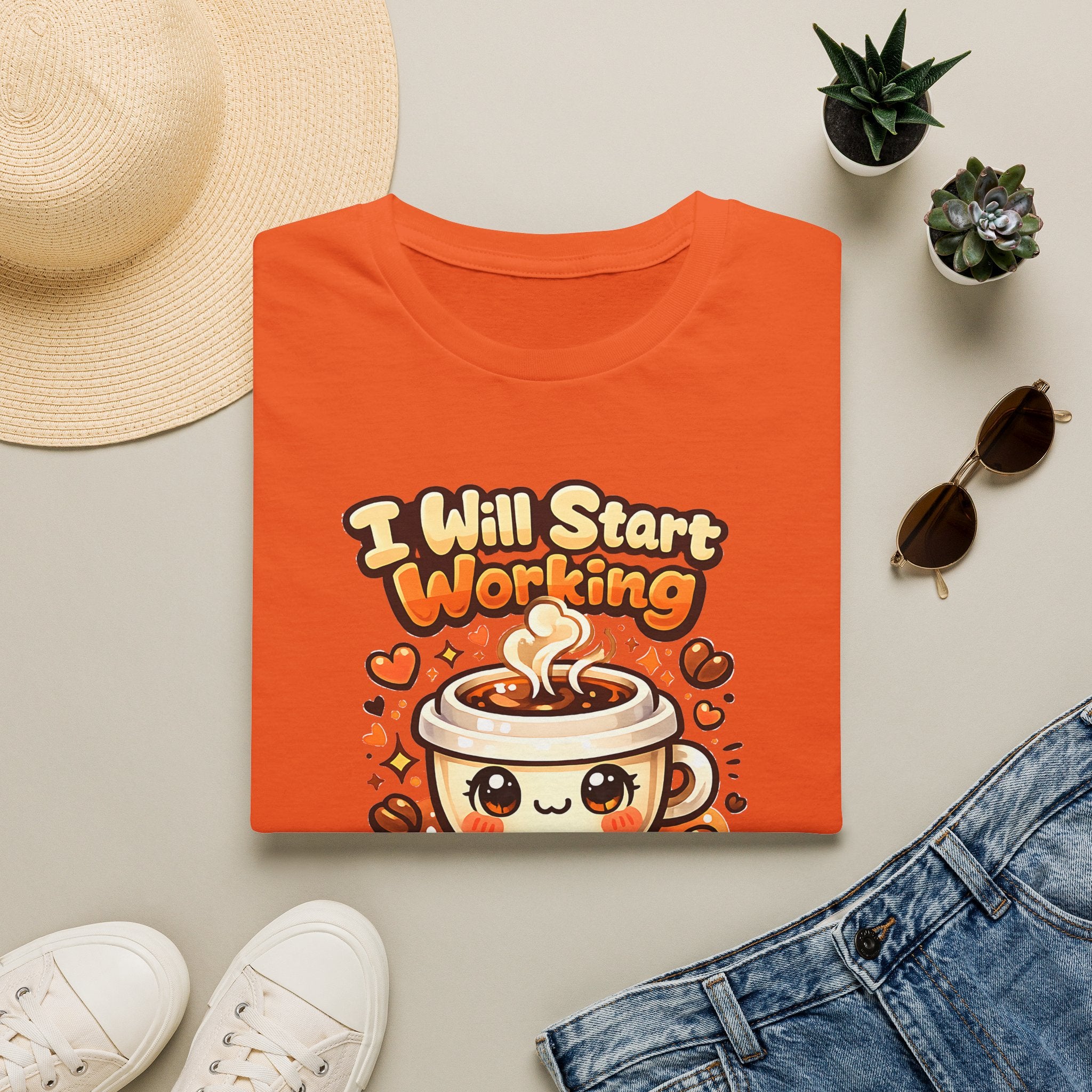 “I Will Start Working When My Coffee Does” Cute Kawaii Coffee Shirt — Coffee T‑Shirt