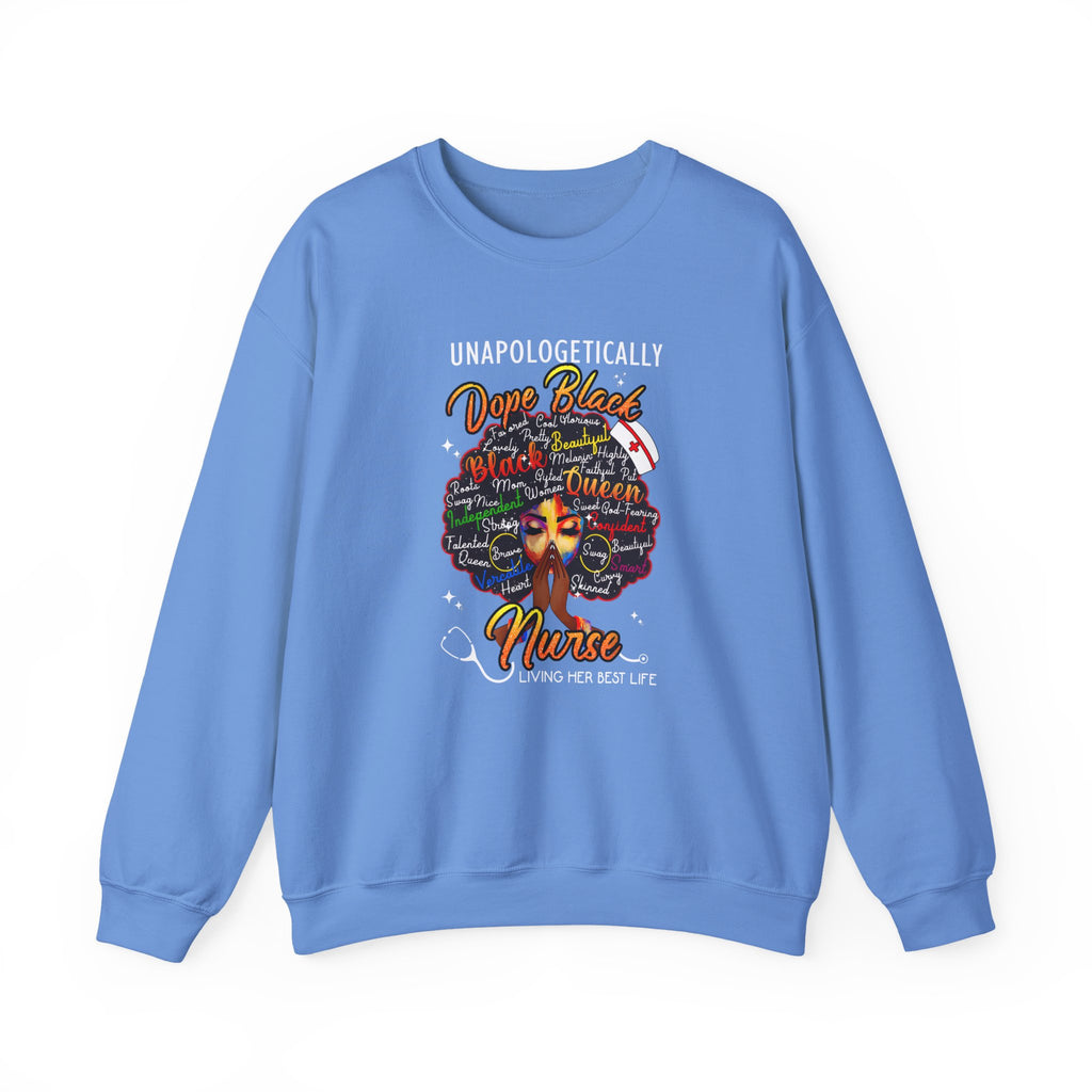 Dope Black Nurse Crewneck Sweatshirt – "Nurse Living Her Best Life" Graphic Black Afro