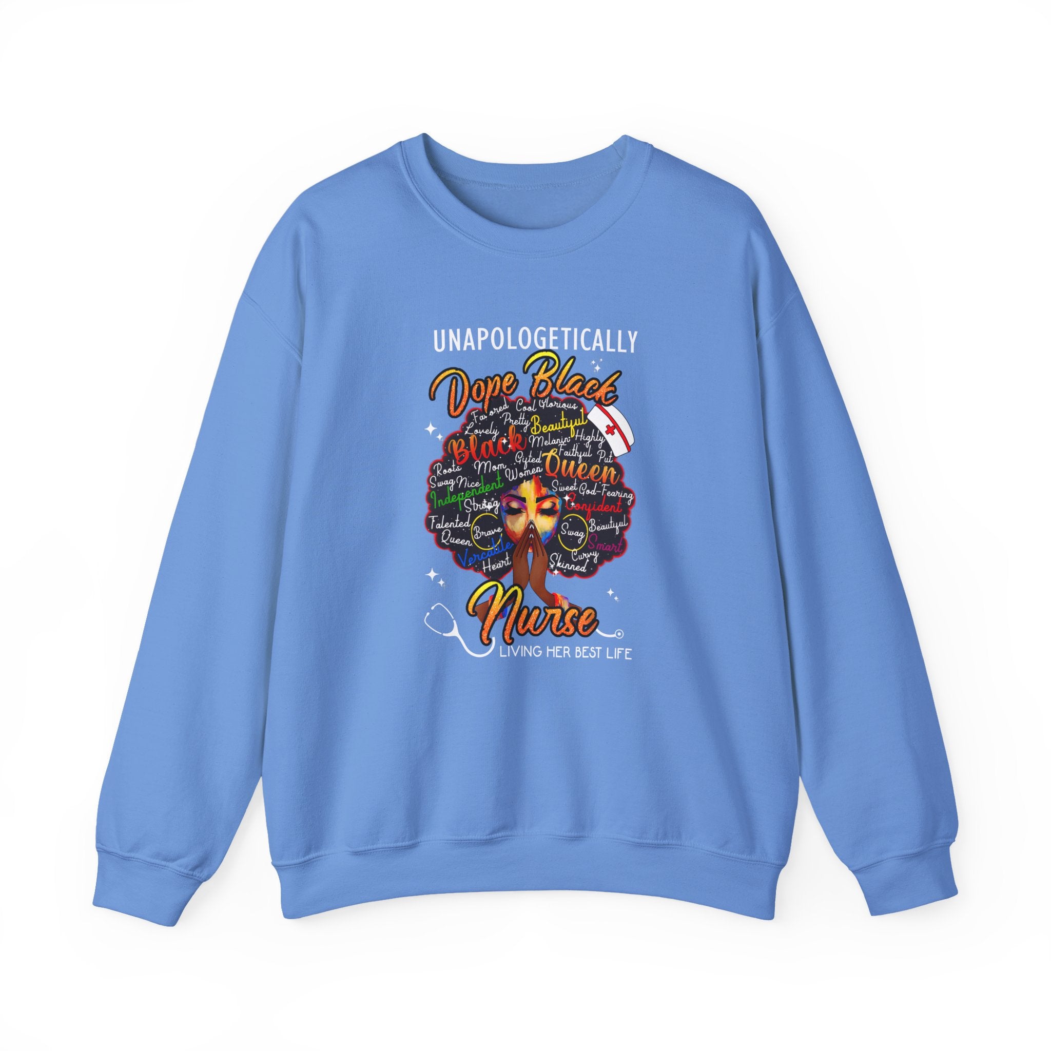 Dope Black Nurse Crewneck Sweatshirt – "Nurse Living Her Best Life" Graphic Black Afro
