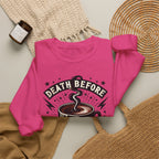 Crewneck Sweatshirt — "Death Before Decaf" Coffee Skull Graphic