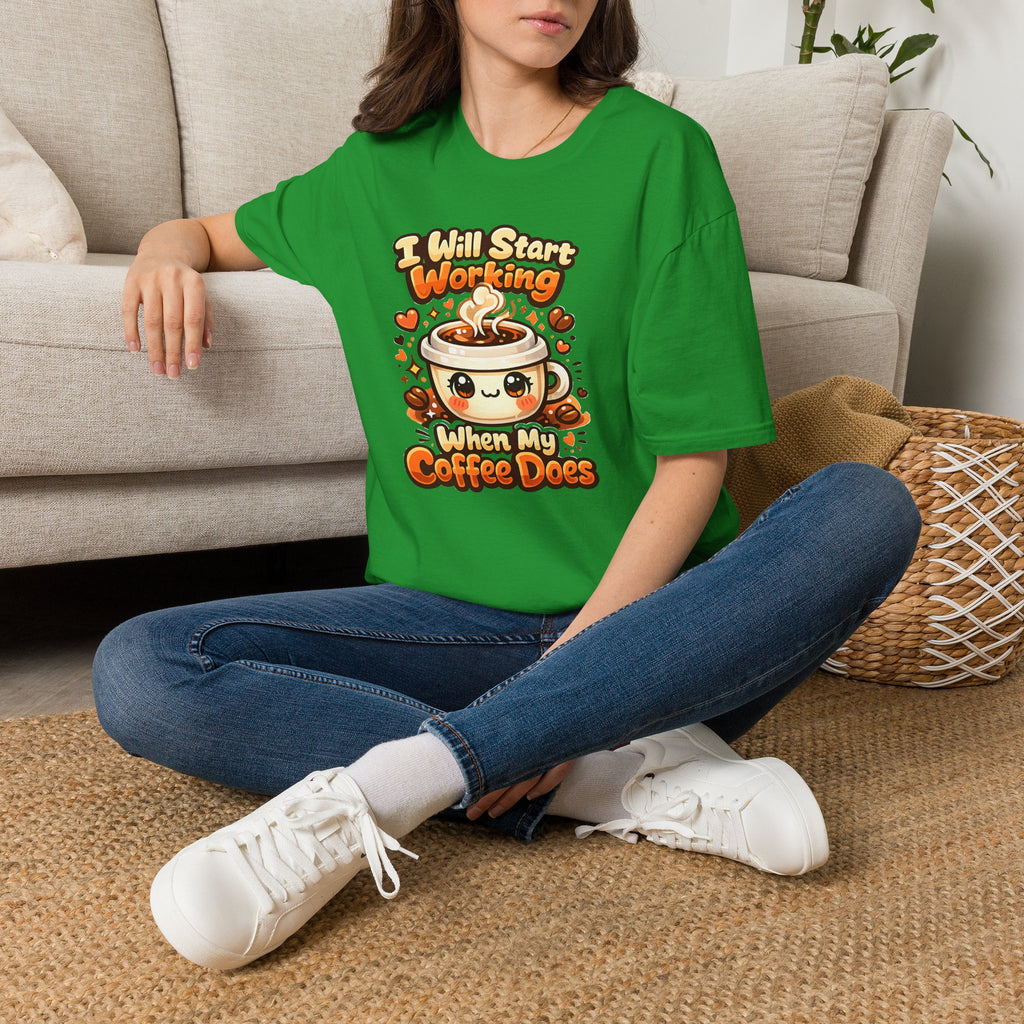 “I Will Start Working When My Coffee Does” Cute Kawaii Coffee Shirt — Coffee T‑Shirt