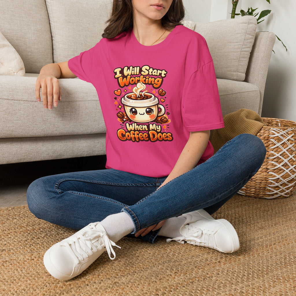 “I Will Start Working When My Coffee Does” Cute Kawaii Coffee Shirt — Coffee T‑Shirt