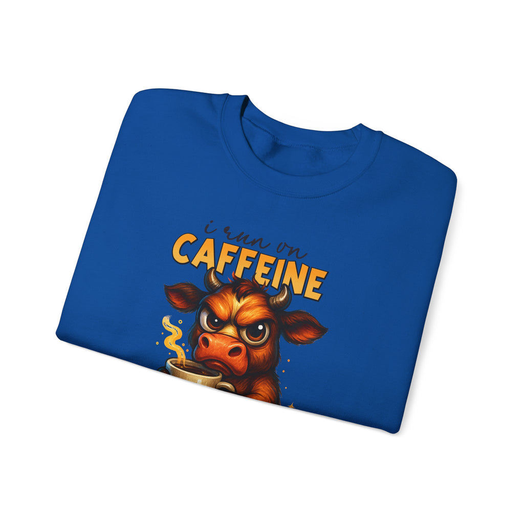 Caffeine-Fueled Cow Sweatshirt — "I Run on Caffeine and Questionable Decisions" Cozy Crewneck