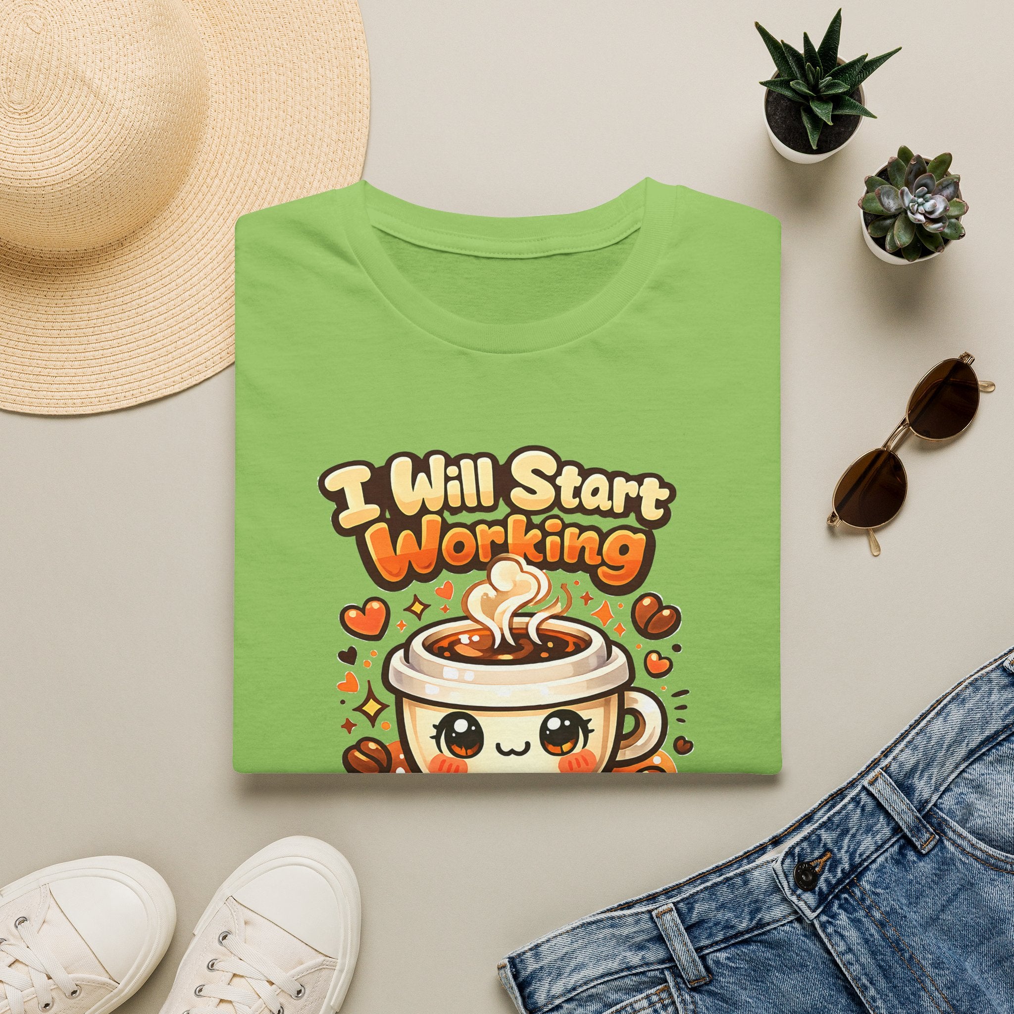 “I Will Start Working When My Coffee Does” Cute Kawaii Coffee Shirt — Coffee T‑Shirt