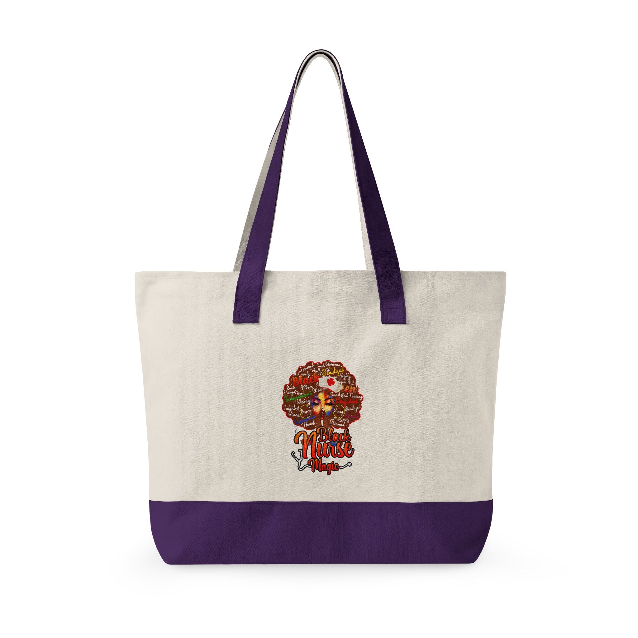 Black Nurse Magic w/Brown Afro Canvas Tote — Zippered Floral Calavera Bag