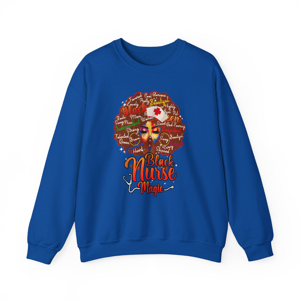 Black Nurse Magic Crewneck Sweatshirt — Brown Afro Nurse Heartbeat Design