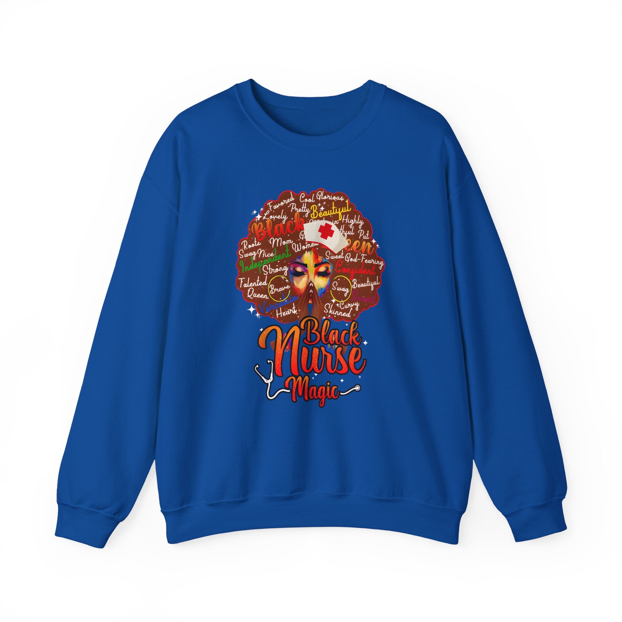 Black Nurse Magic Crewneck Sweatshirt — Brown Afro Nurse Heartbeat Design