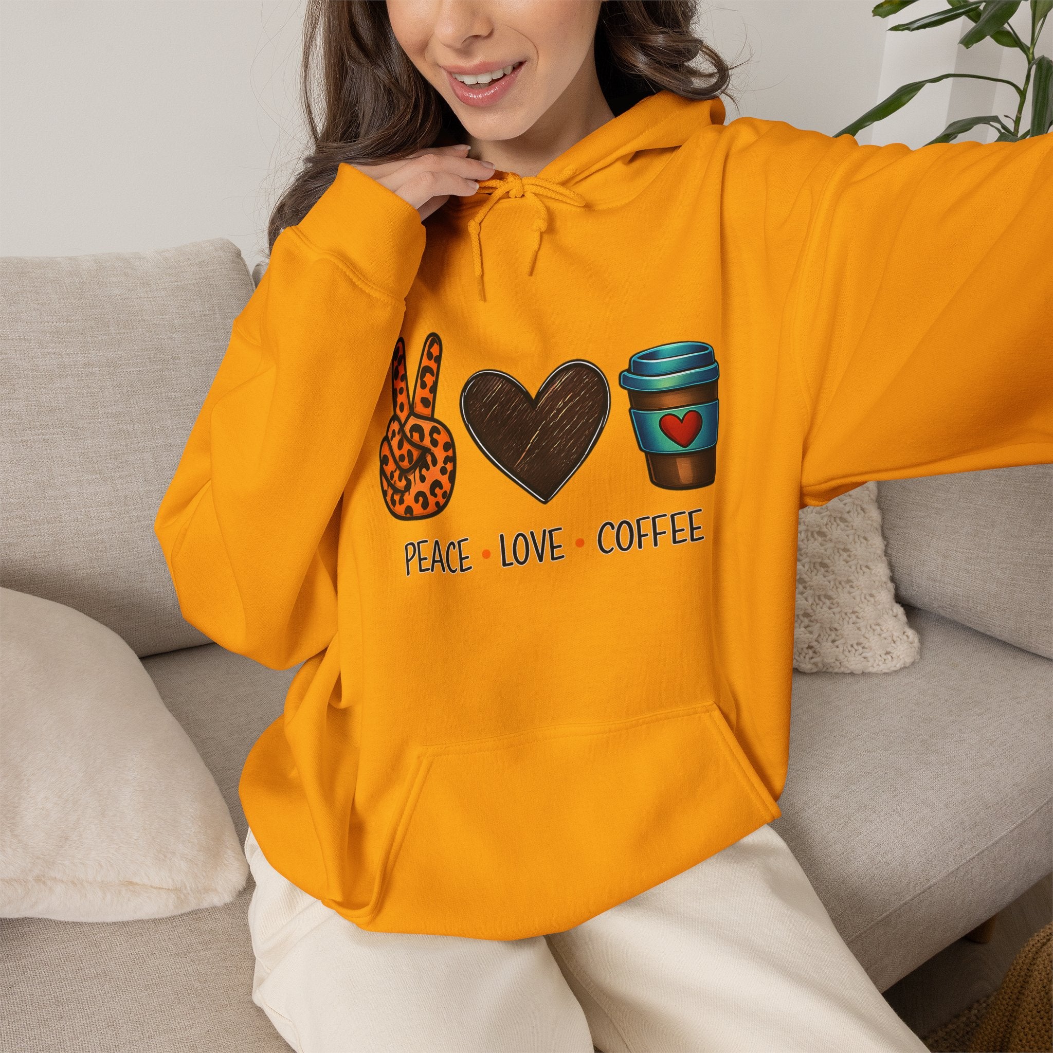 Peace • Love • Coffee Hoodie — Leopard Peace Sign & Coffee Cup Graphic Sweatshirt