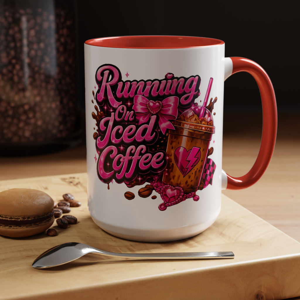 "Running on Iced Coffee" Pink Graphic Accent Mug (11/15oz) — Coffee Mug