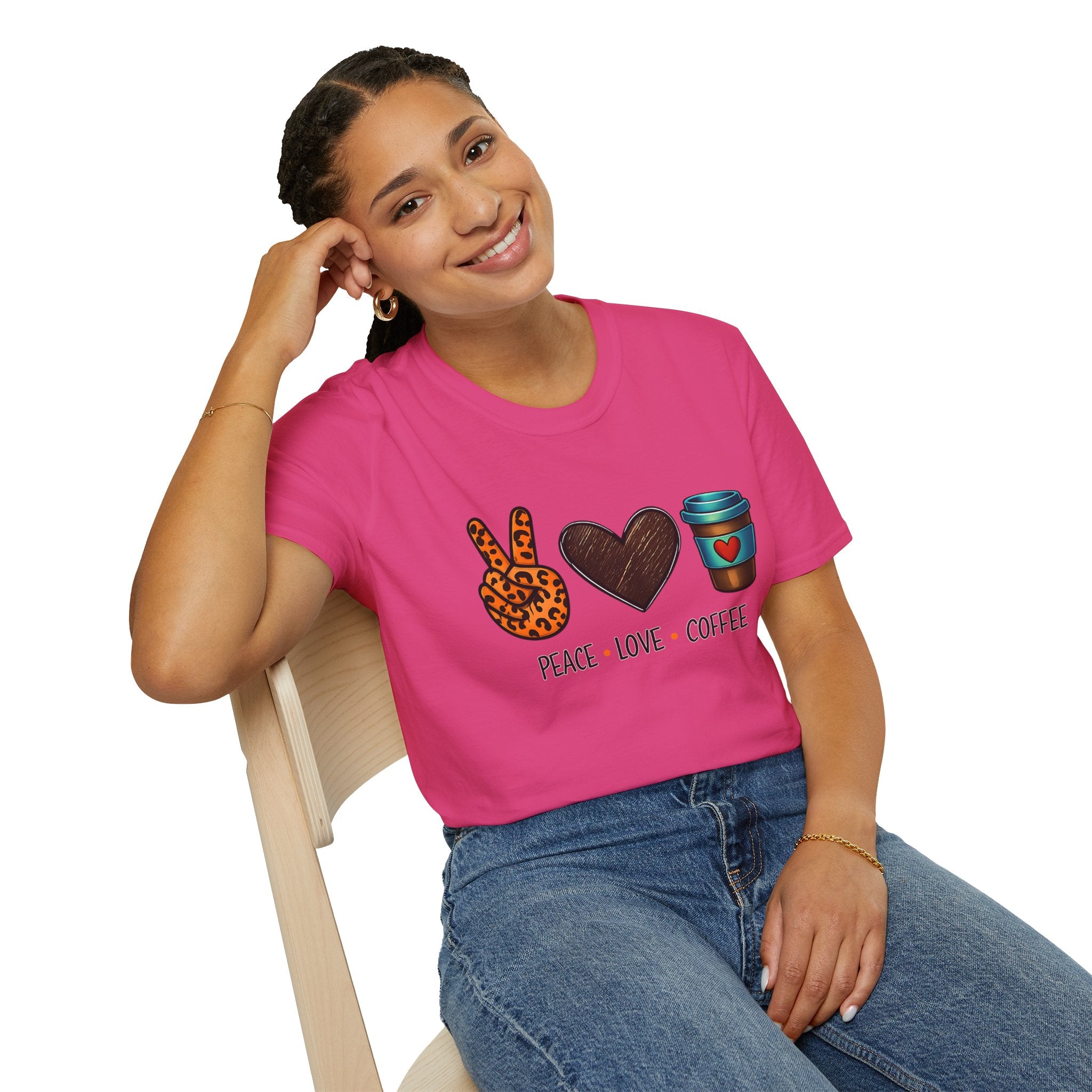 Peace Love Coffee T-Shirt — Retro Leopard Peace Sign & Heart Coffee Cup Tee
