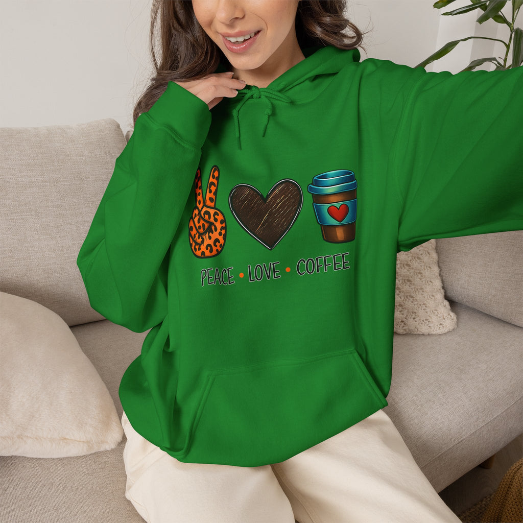 Peace • Love • Coffee Hoodie — Leopard Peace Sign & Coffee Cup Graphic Sweatshirt