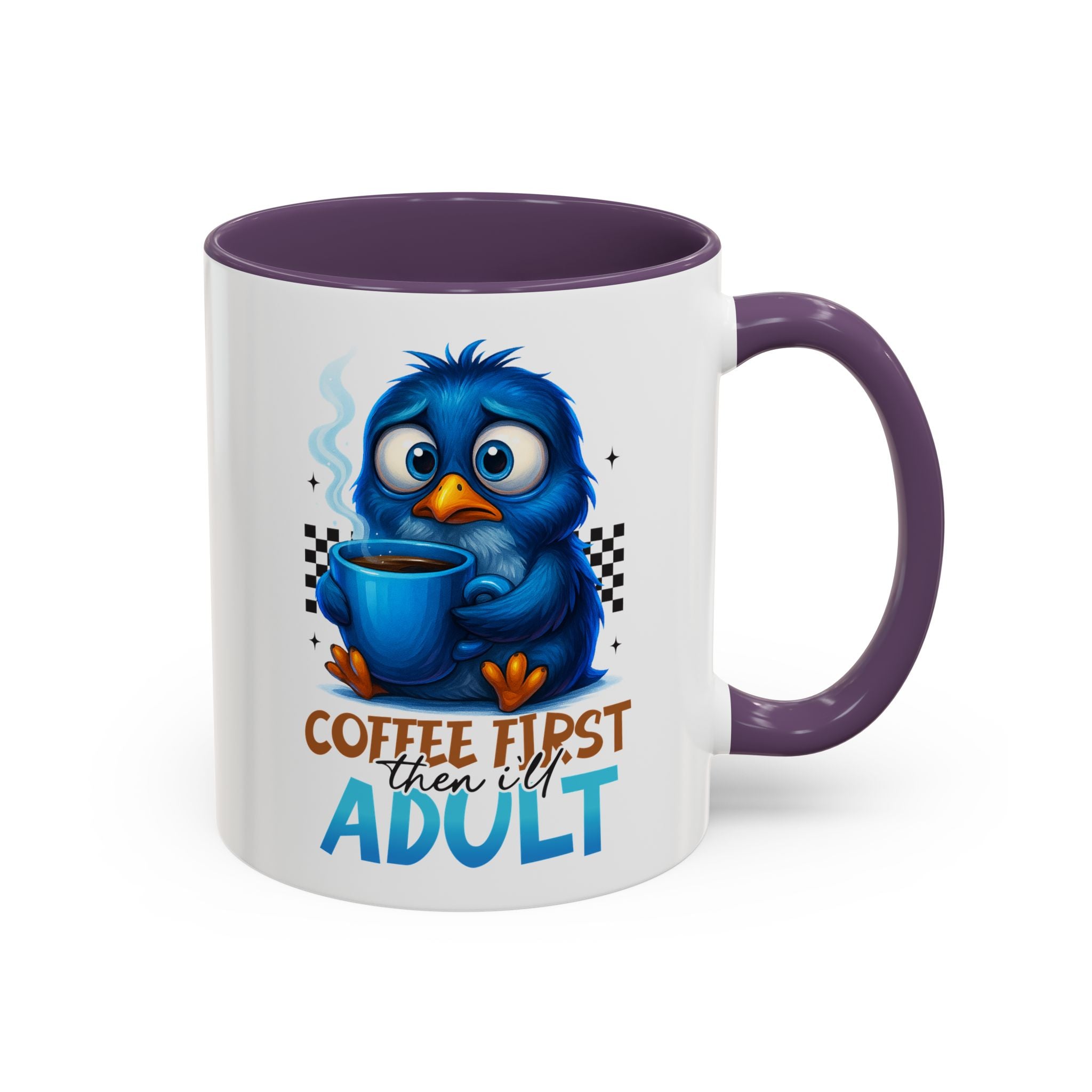 "Coffee First, Then I’ll Adult" Cute Blue Bird Accent Mug —  Coffee Mug